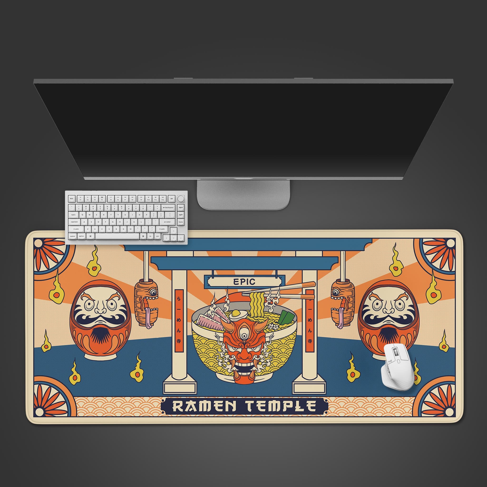 ramen temple desk pad, epic large desk mat, gaming desk mat, japanese inspired design gaming large mouse mat