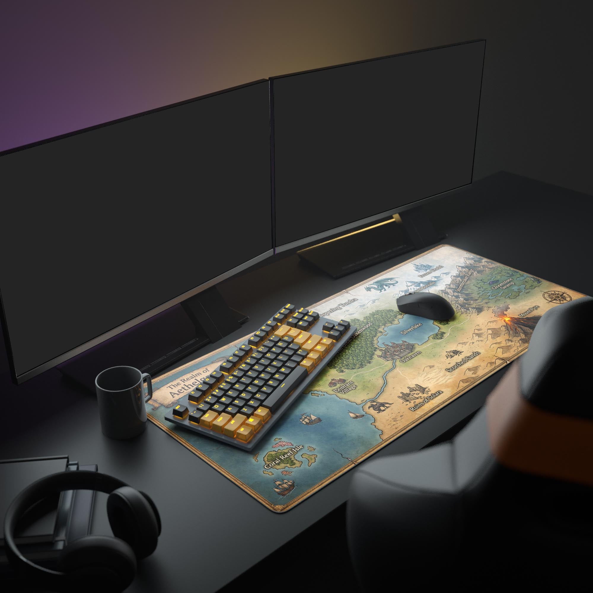 A complete gaming setup featuring the Realm of Aethelgard XL mouse pad, which displays a detailed fantasy world map under multiple monitors. - Epic Design Pads & Mousepads