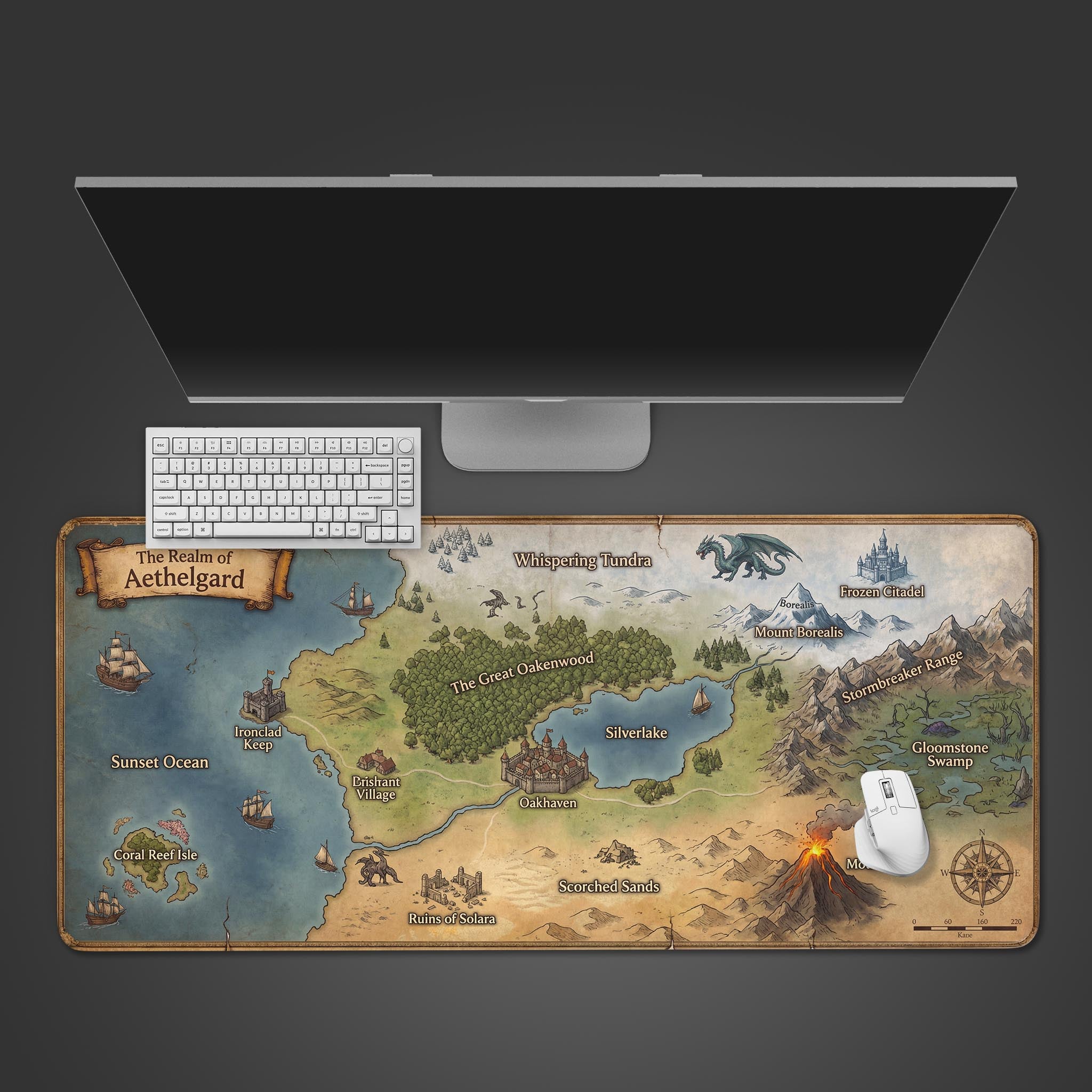 The Realm of Aethelgard fantasy map gaming desk mat shown from above with a white keyboard and mouse, ready for an epic gaming session. - Epic Design Pads & Mousepads