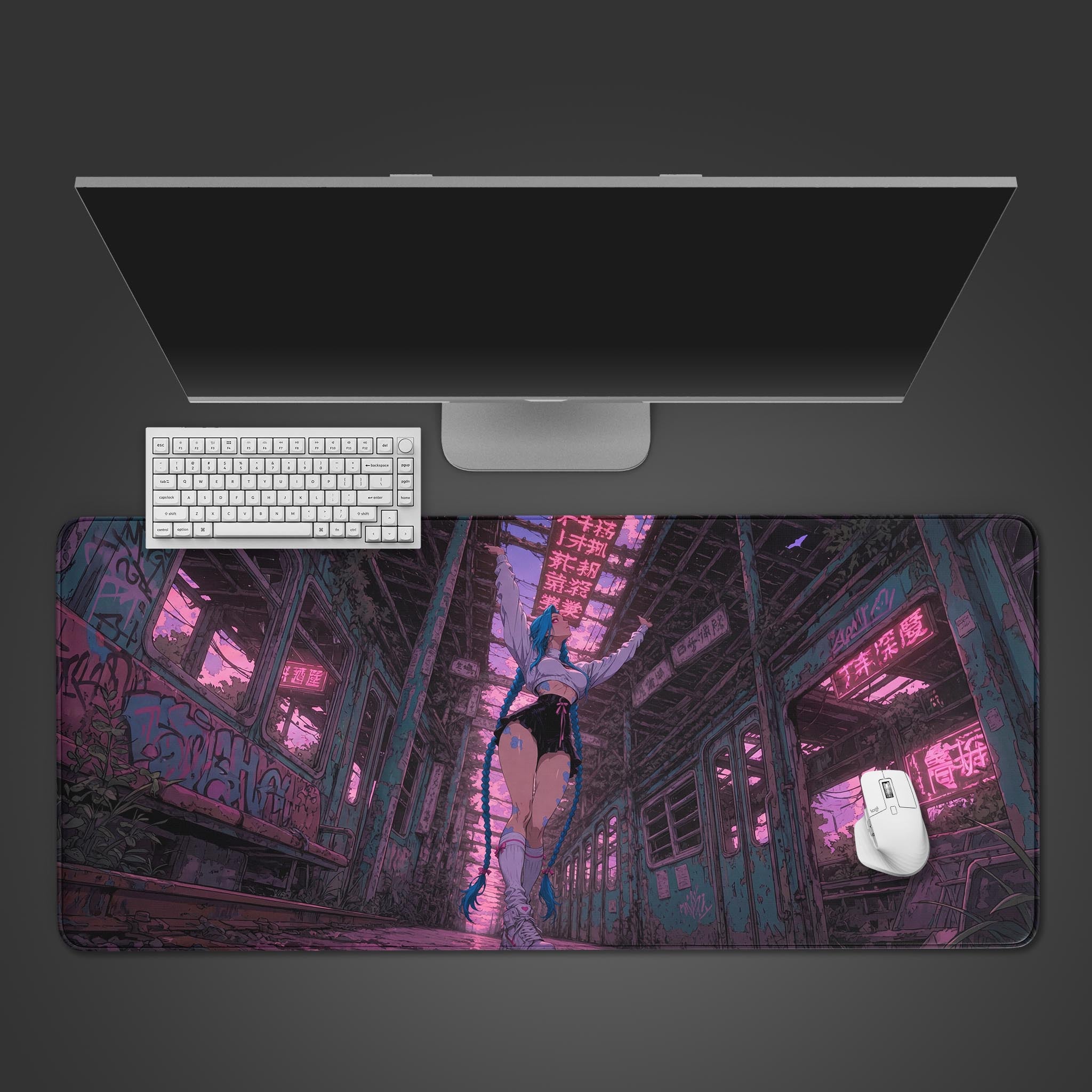Rebel Decay desk mat with a cyberpunk subway scene and pink neon graffiti, shown on a desk with a keyboard and mouse. - Epic Design Pads & Mousepads