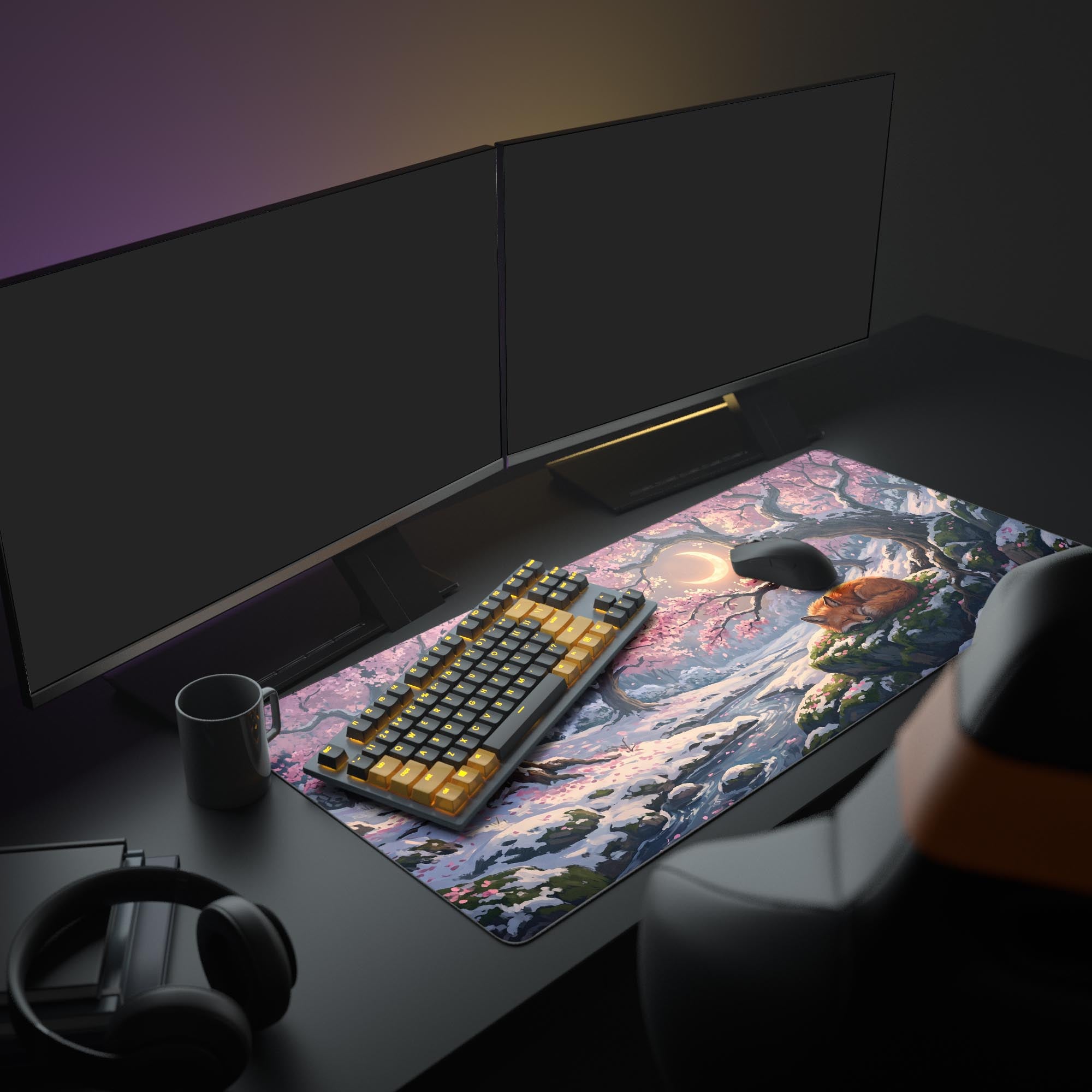 Close-up of the serene winter landscape mouse pad with a glowing crescent moon and flowing river