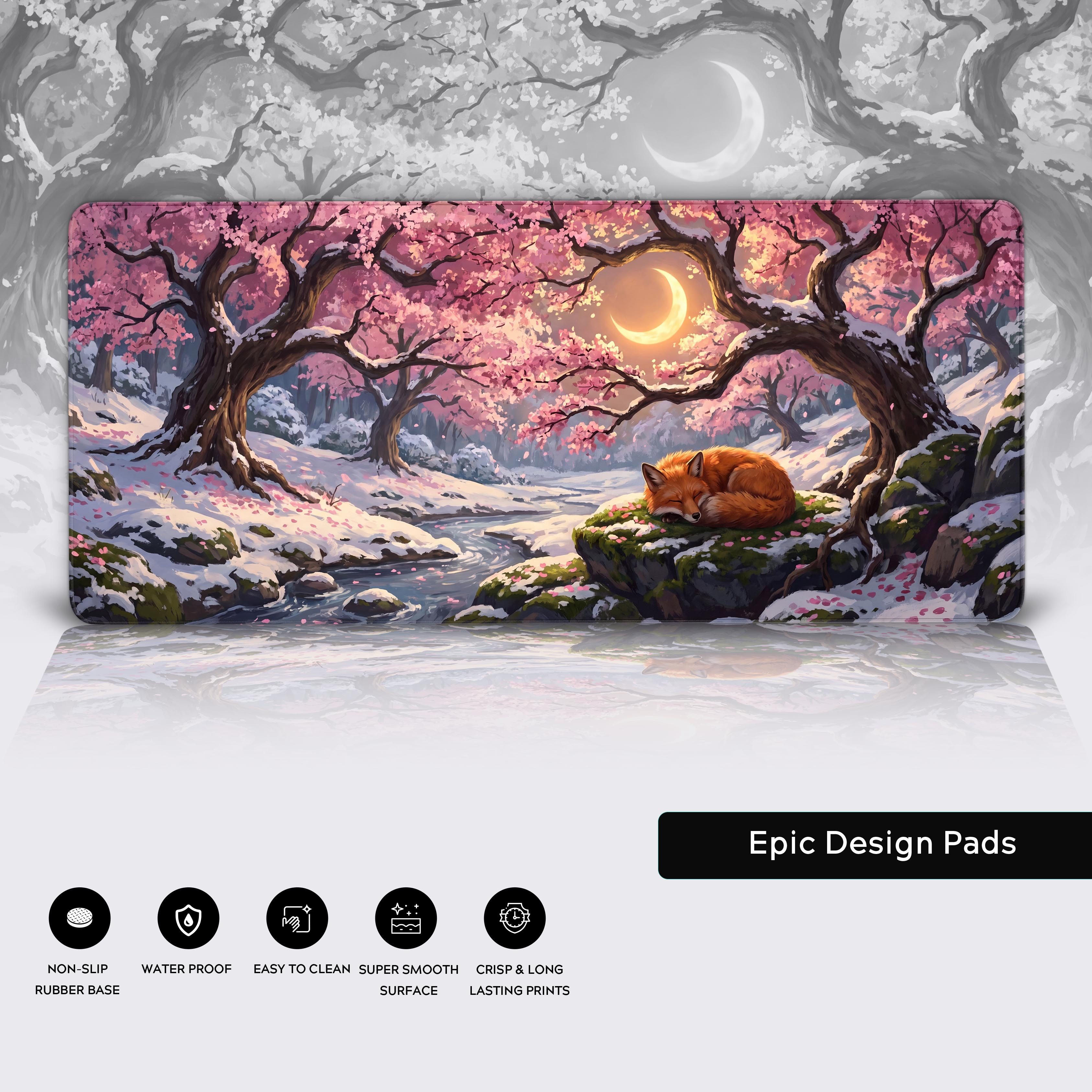 Tranquil nature aesthetic extended desk mat with pink sakura and snow elements