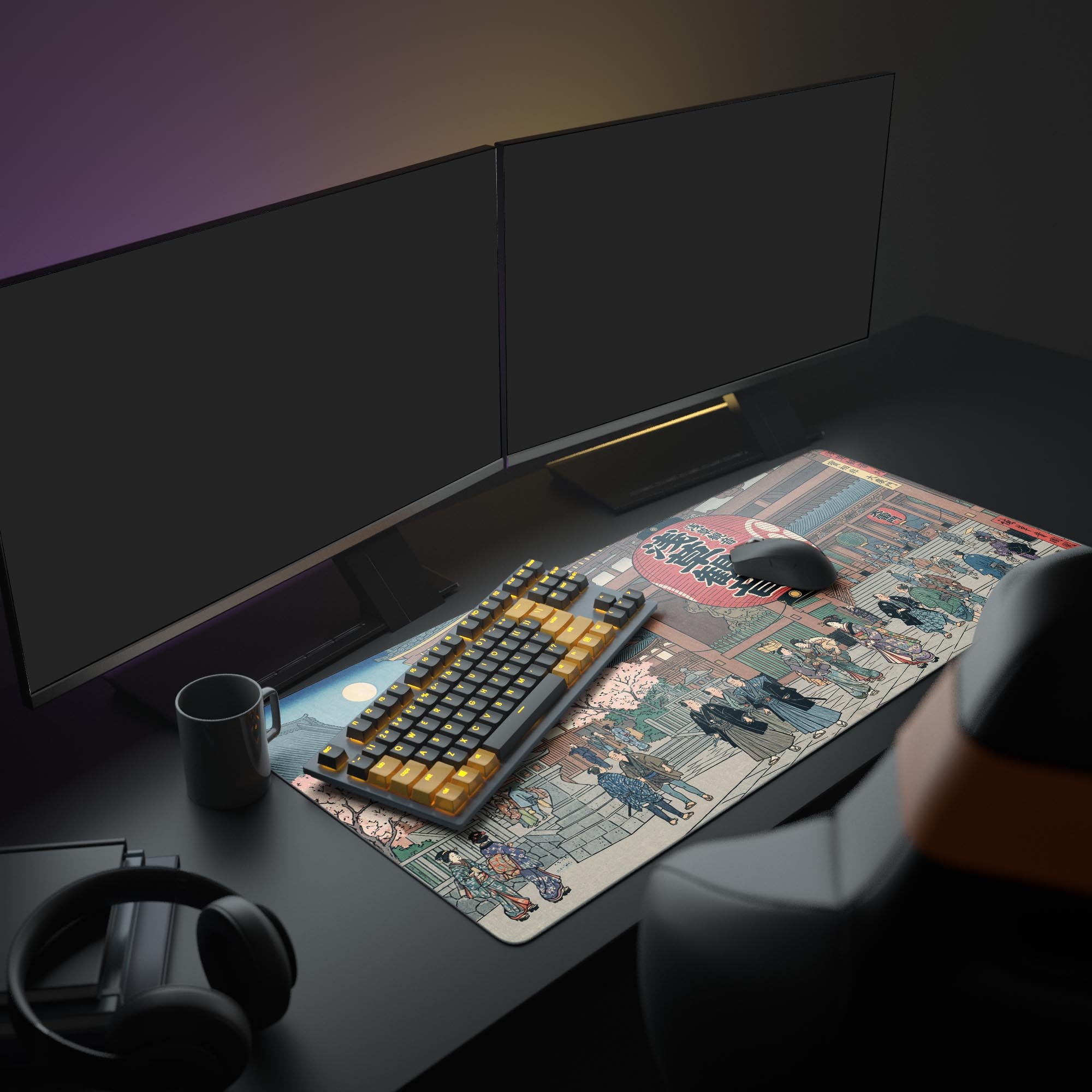 A vibrant PC setup featuring the Japanese Temple gaming desk mat, with dual monitors, an illuminated keyboard, and a white gaming mouse, creating a classic Japan aesthetic. - Epic Design Pads & Mousepads