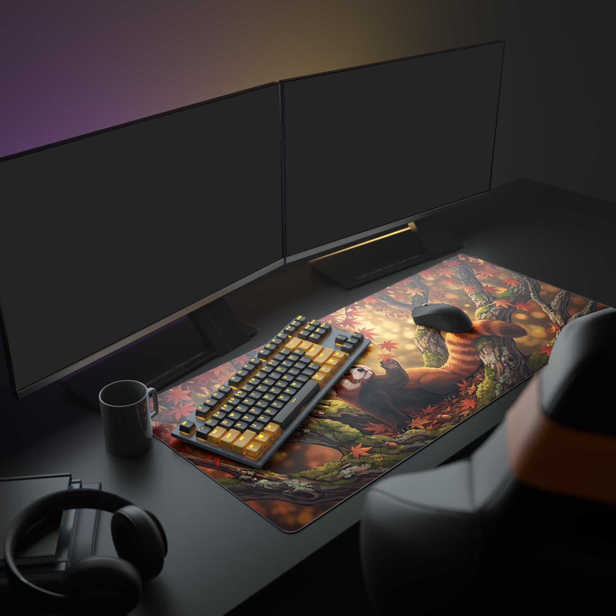 Close-up of a charming red panda reaching for leaves on a smooth glide gaming mouse pad