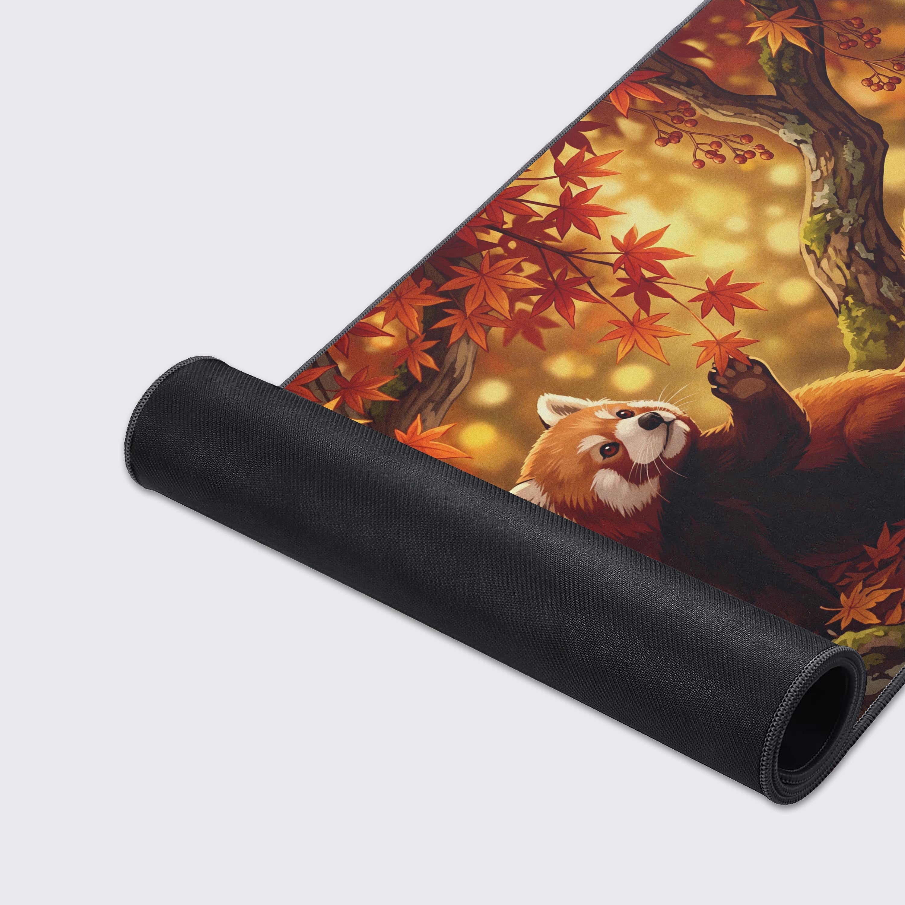 Extended nature aesthetic desk mat highlighting a cozy fall woodland scene