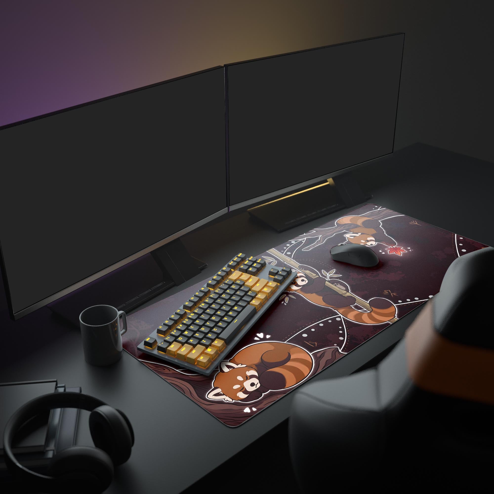 Close up view of the sleeping red panda on the dark red desk mat