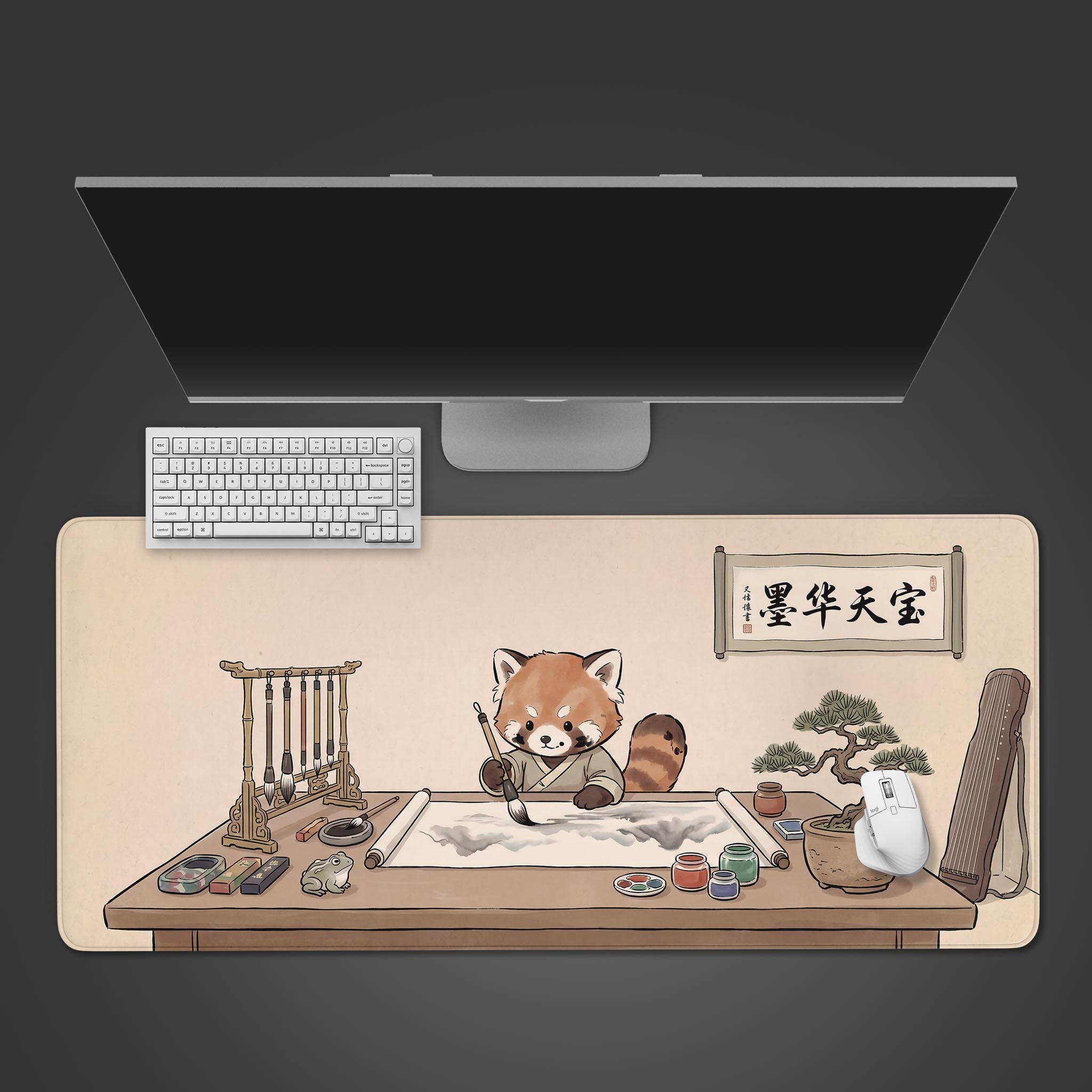 A cute red panda dressed in traditional robes painting calligraphy on a scroll desk mat.