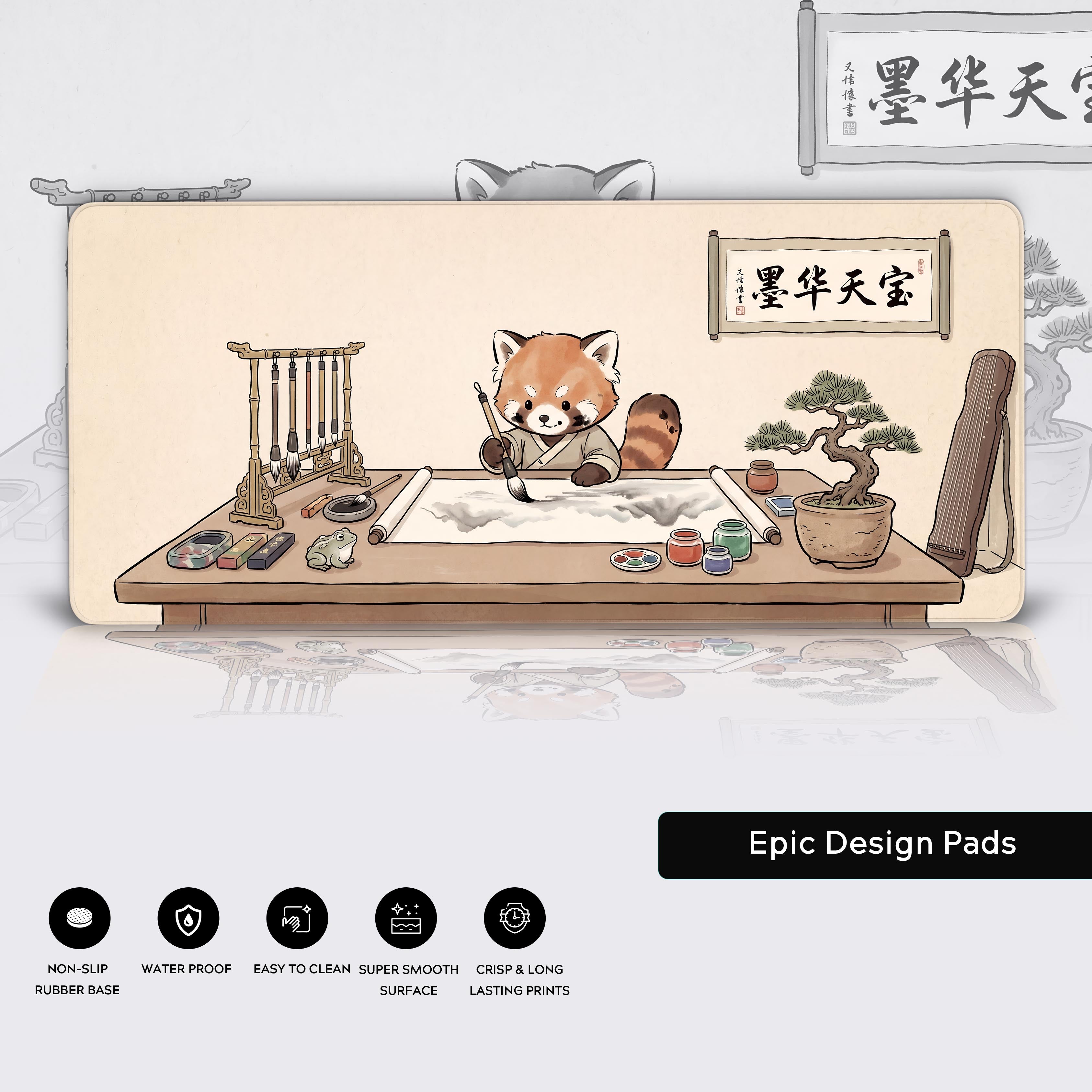 Features of the Red Panda Calligraphy desk mat including non-slip base, water proofing, and crisp prints.
