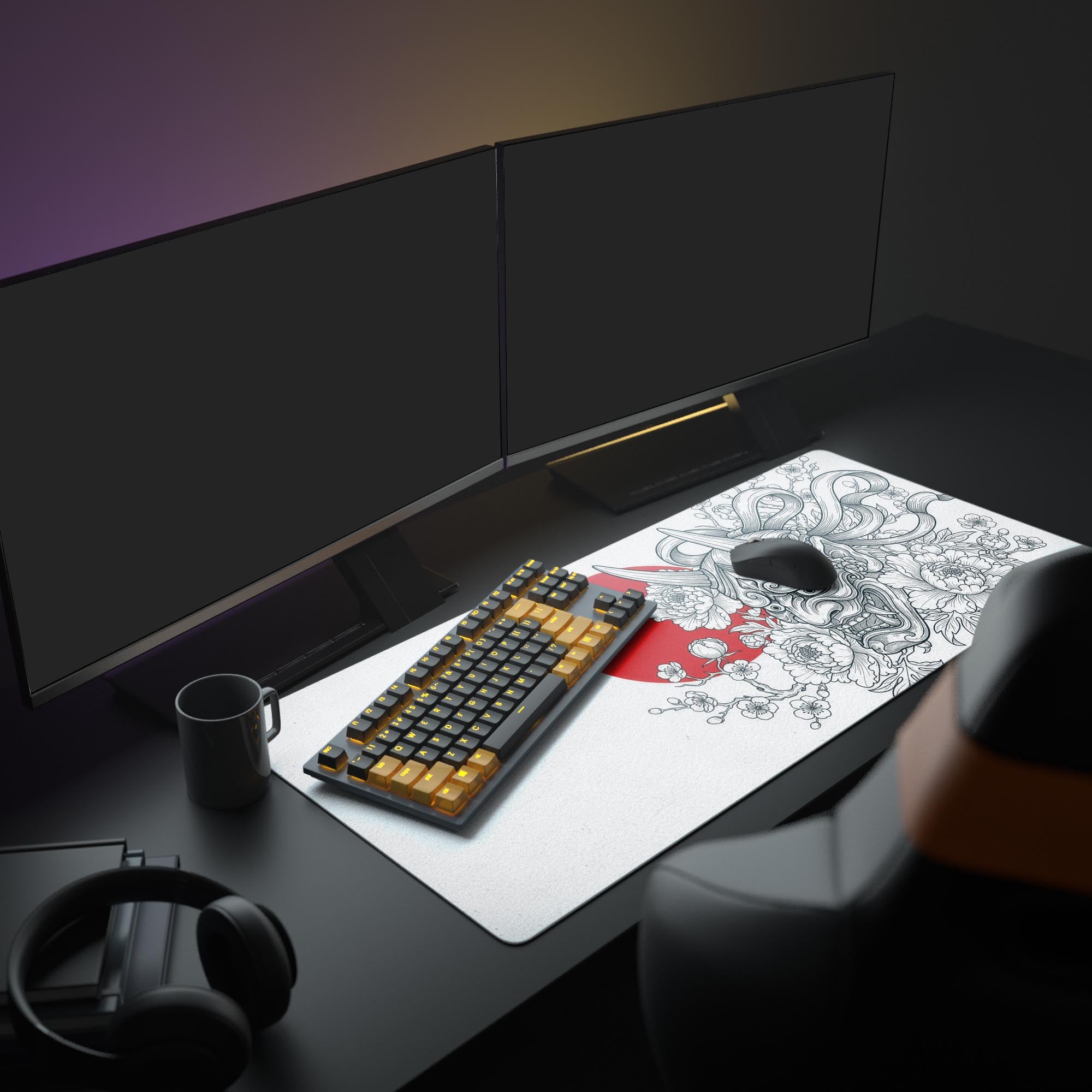 Large Japanese gaming desk mat featuring an Oni mask and red sun, displayed in a full desk setup with a mechanical keyboard and dual monitors. - Epic Design Pads & Mousepads