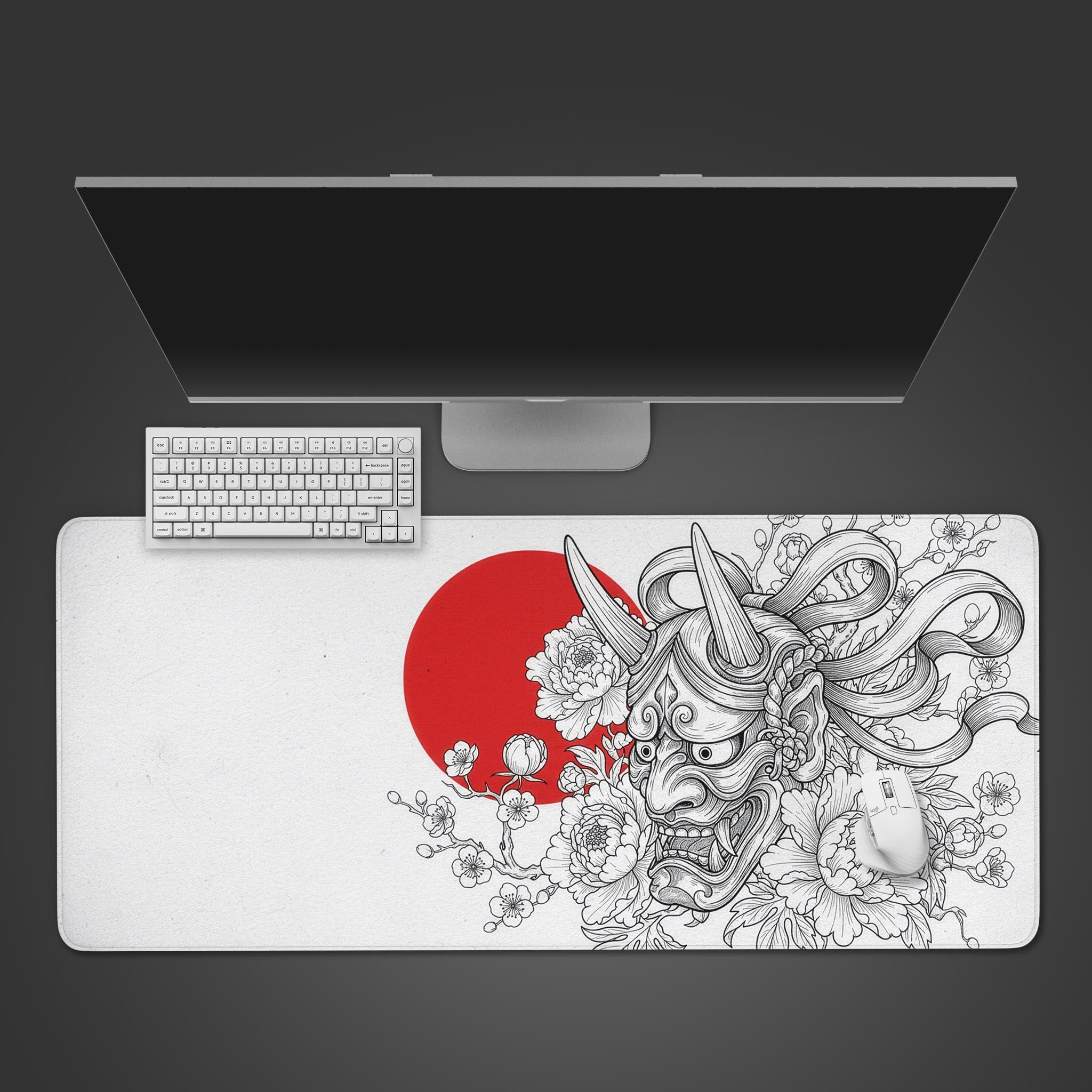 Red Sun Oni desk mat with Japanese folklore art, shown from a top-down view on a desk with a gaming keyboard and mouse. - Epic Design Pads & Mousepads