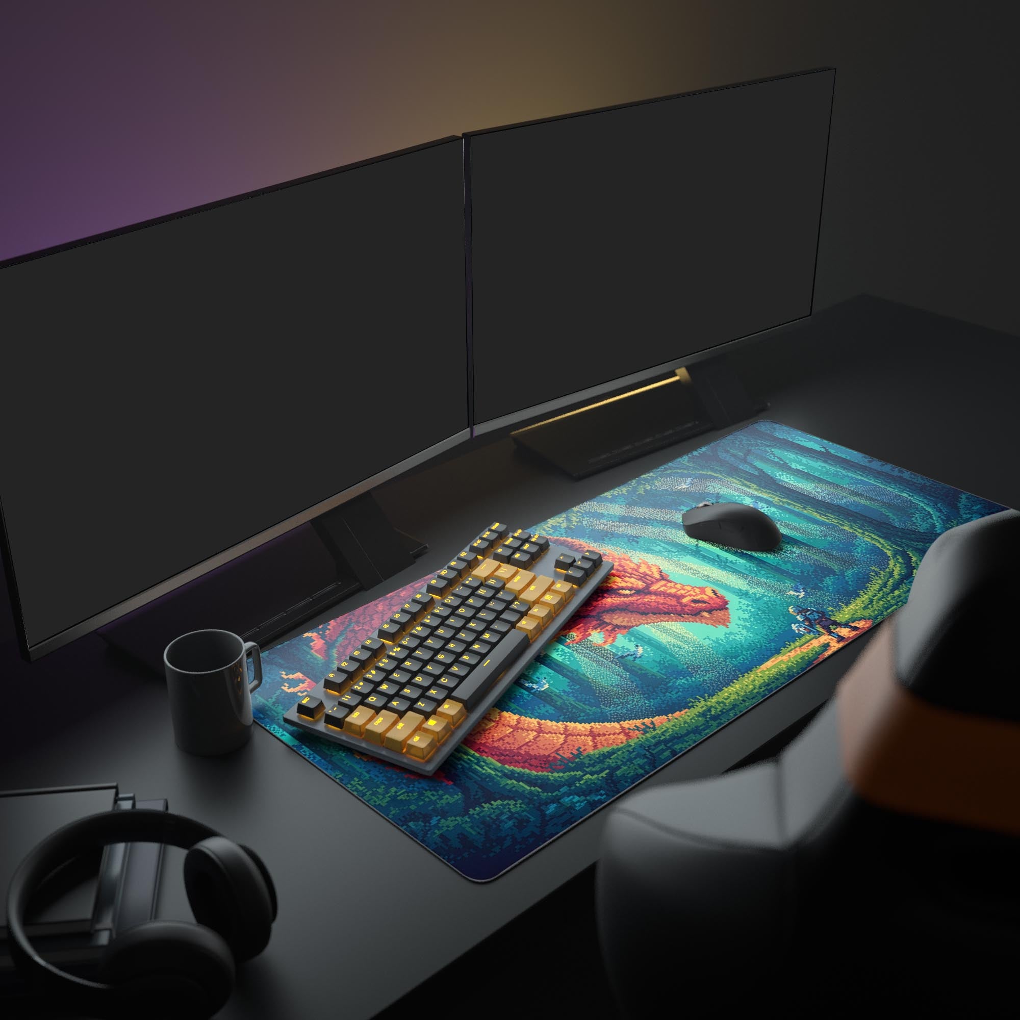 Large retro gaming desk mat with a pixel art dragon design. Shown in a gamer setup with dual monitors, a mechanical keyboard, and headphones. - Epic Design Pads & Mousepads