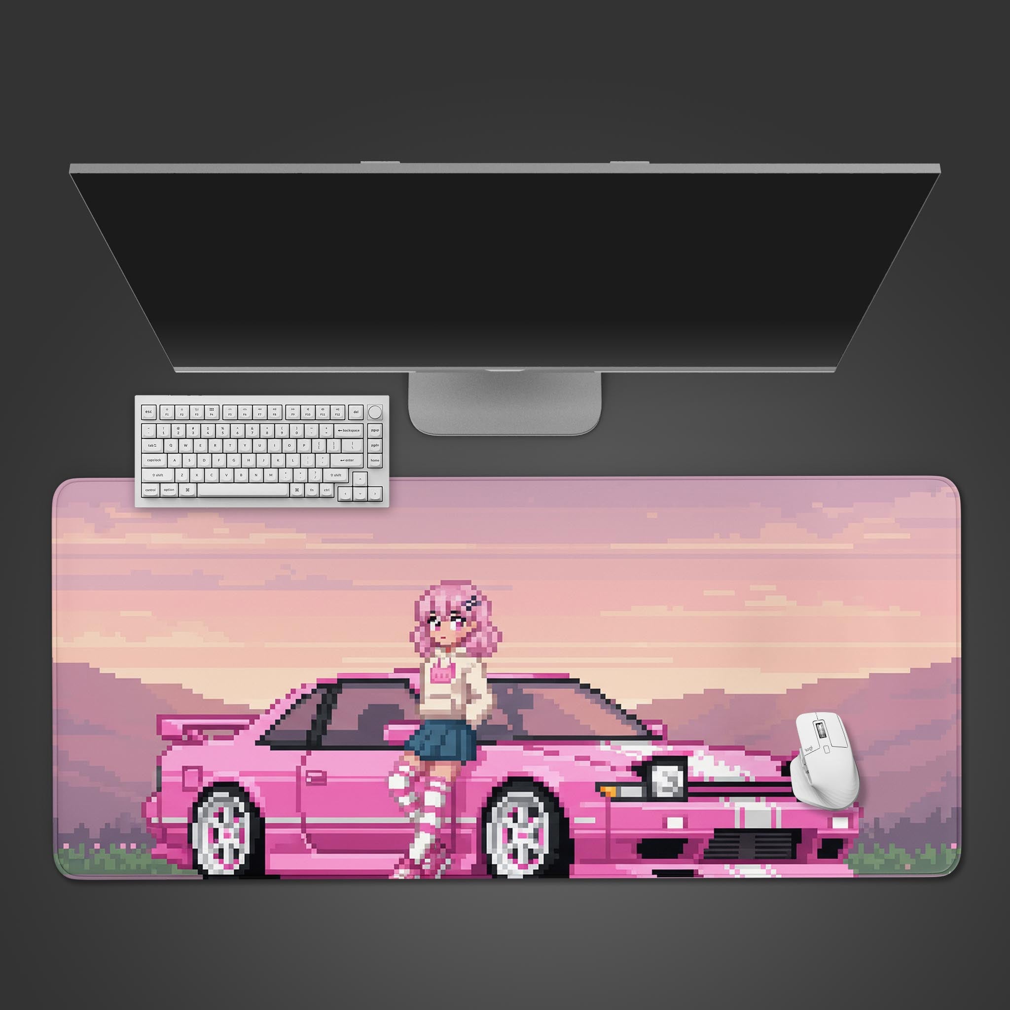 Retro Rider pixel art desk mat with pink JDM car and anime girl, shown on a desk with a gaming keyboard and mouse. - Epic Design Pads
