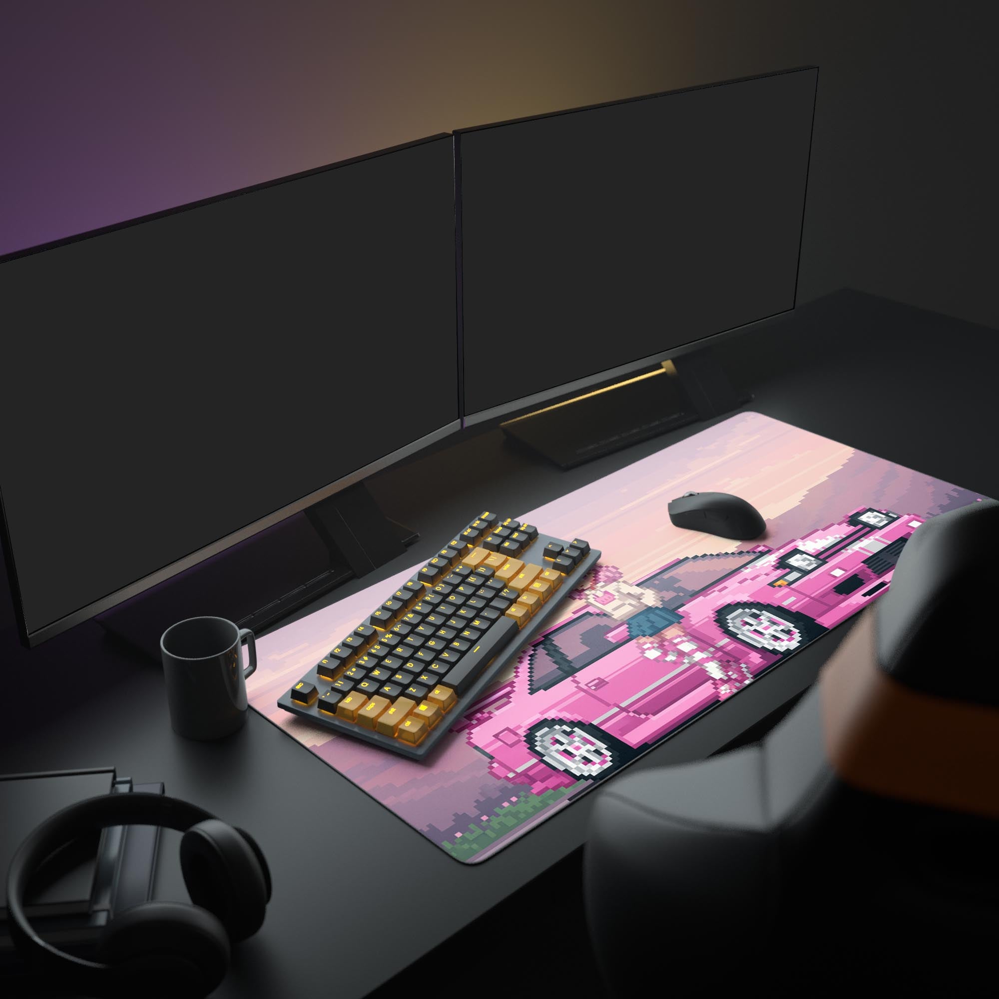 Large Retro Rider gaming mouse pad with an 8-bit anime design, featured in a full gaming setup with dual monitors. - Epic Design Pads