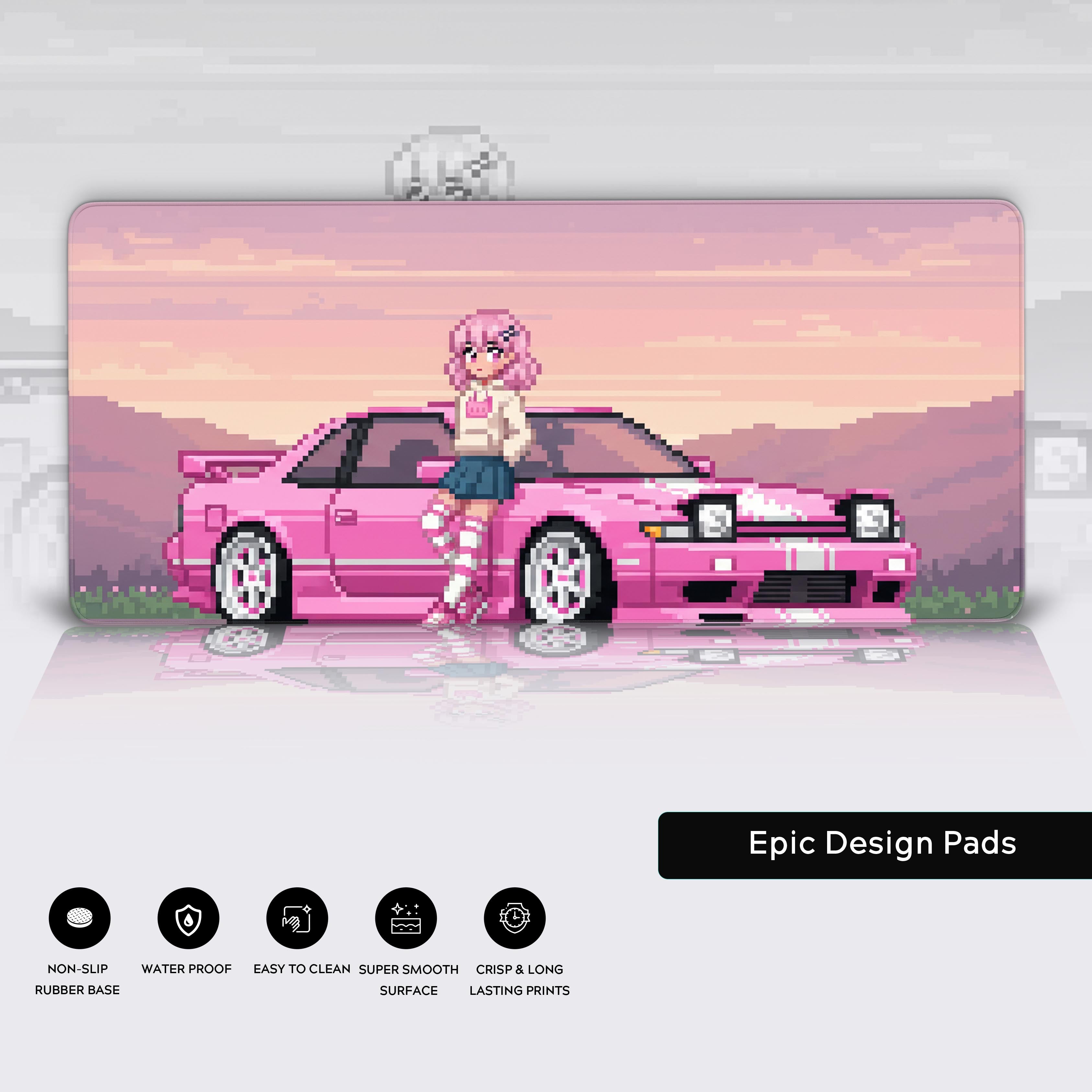 Close-up of the Retro Rider desk mat showcasing the 8-bit pixel art, durable stitched edges, and non-slip rubber base. - Epic Design Pads