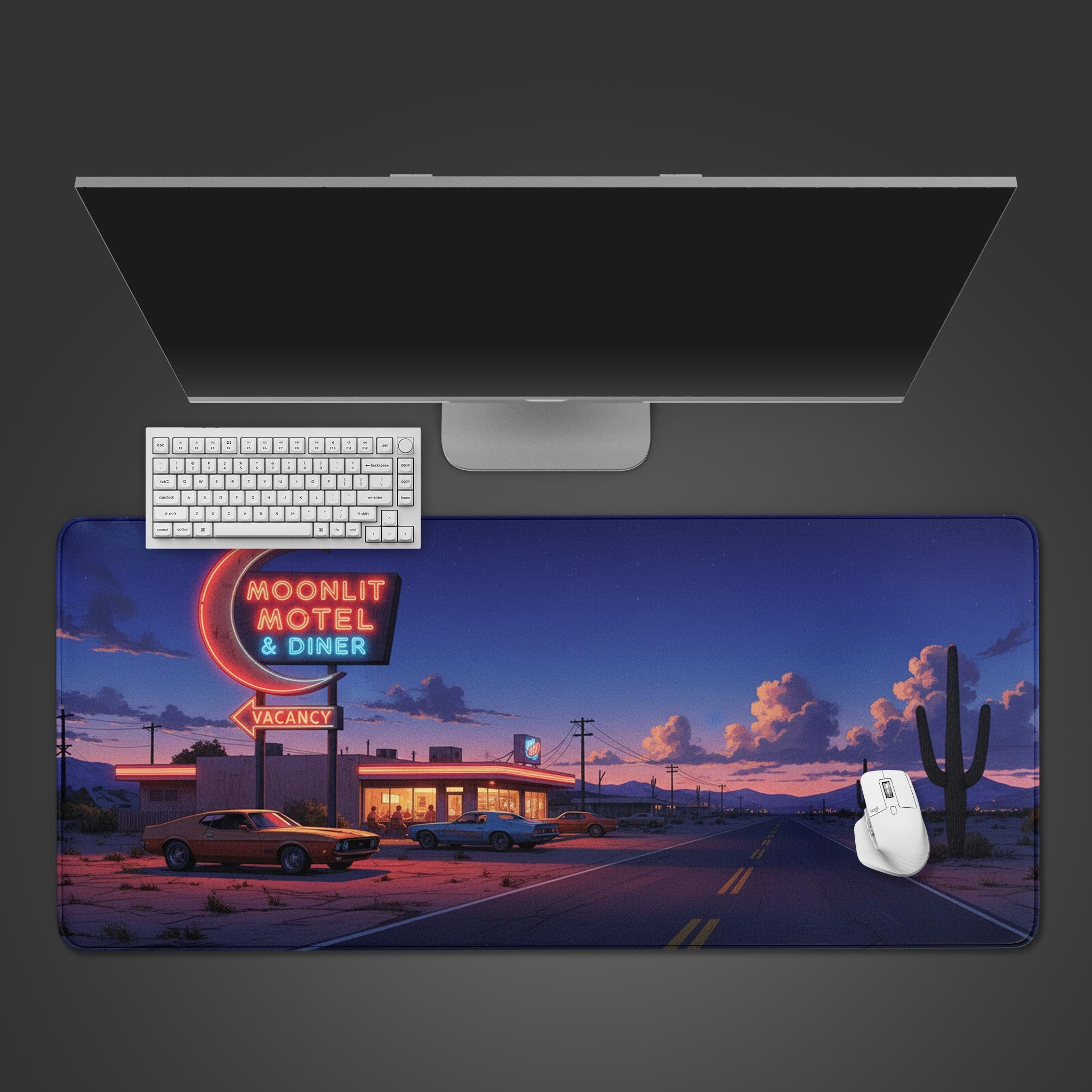 Retro Roadside desk mat with a vintage diner and classic car design – top-down view on a desk with a keyboard and mouse. - Epic Design Pads