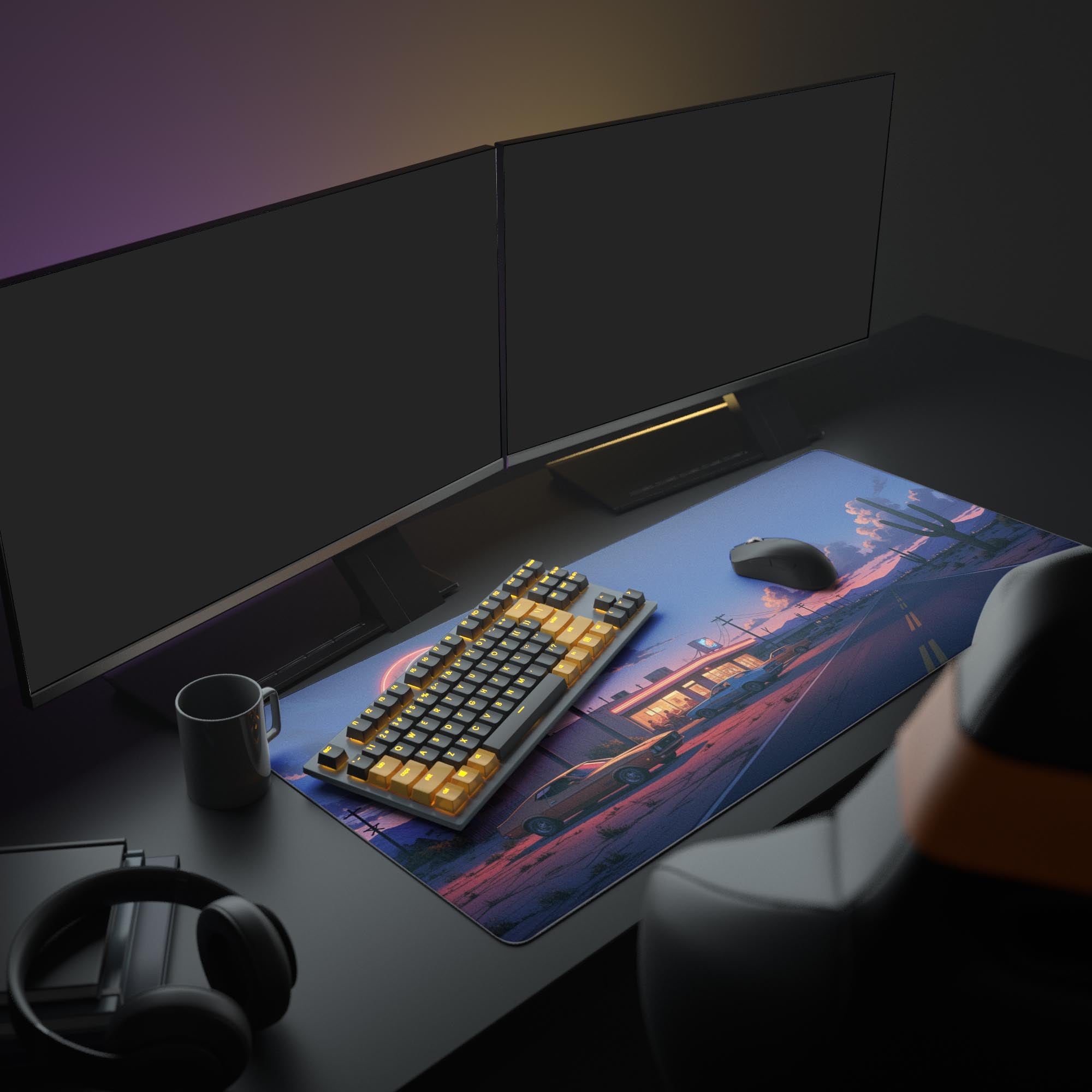 Large Retro Roadside desk mat shown in an aesthetic desk setup with a monitor, keyboard, and plant, evoking a nostalgic Americana feel. - Epic Design Pads