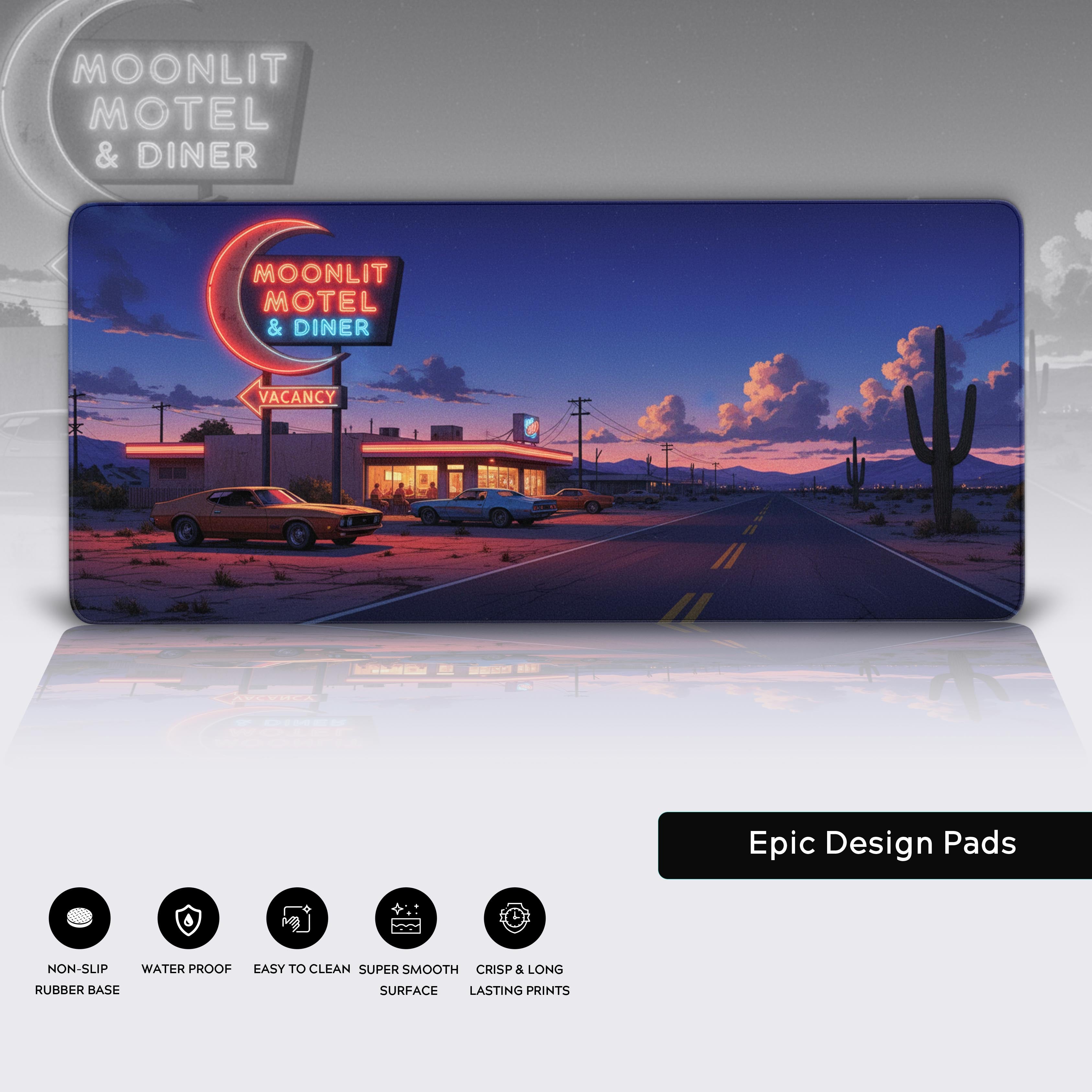 Close-up of the Retro Roadside desk mat showcasing the high-quality stitched edges, water-resistant surface, and non-slip rubber base. - Epic Design Pads