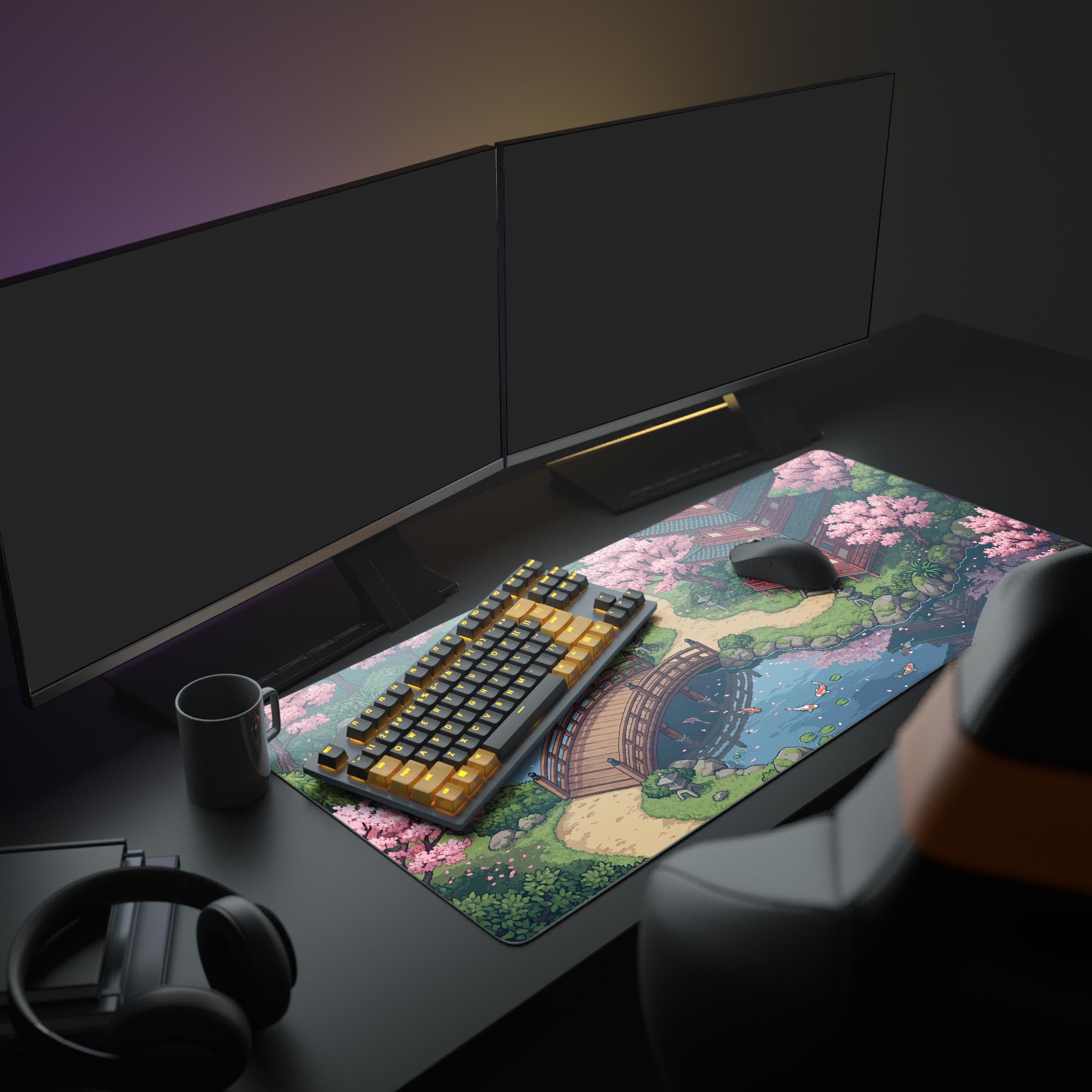 A cozy gaming setup showing the Retro Sakura Path mouse pad as the centerpiece, elevating the aesthetic of the entire desk. - Epic Design Pads & Mousepads