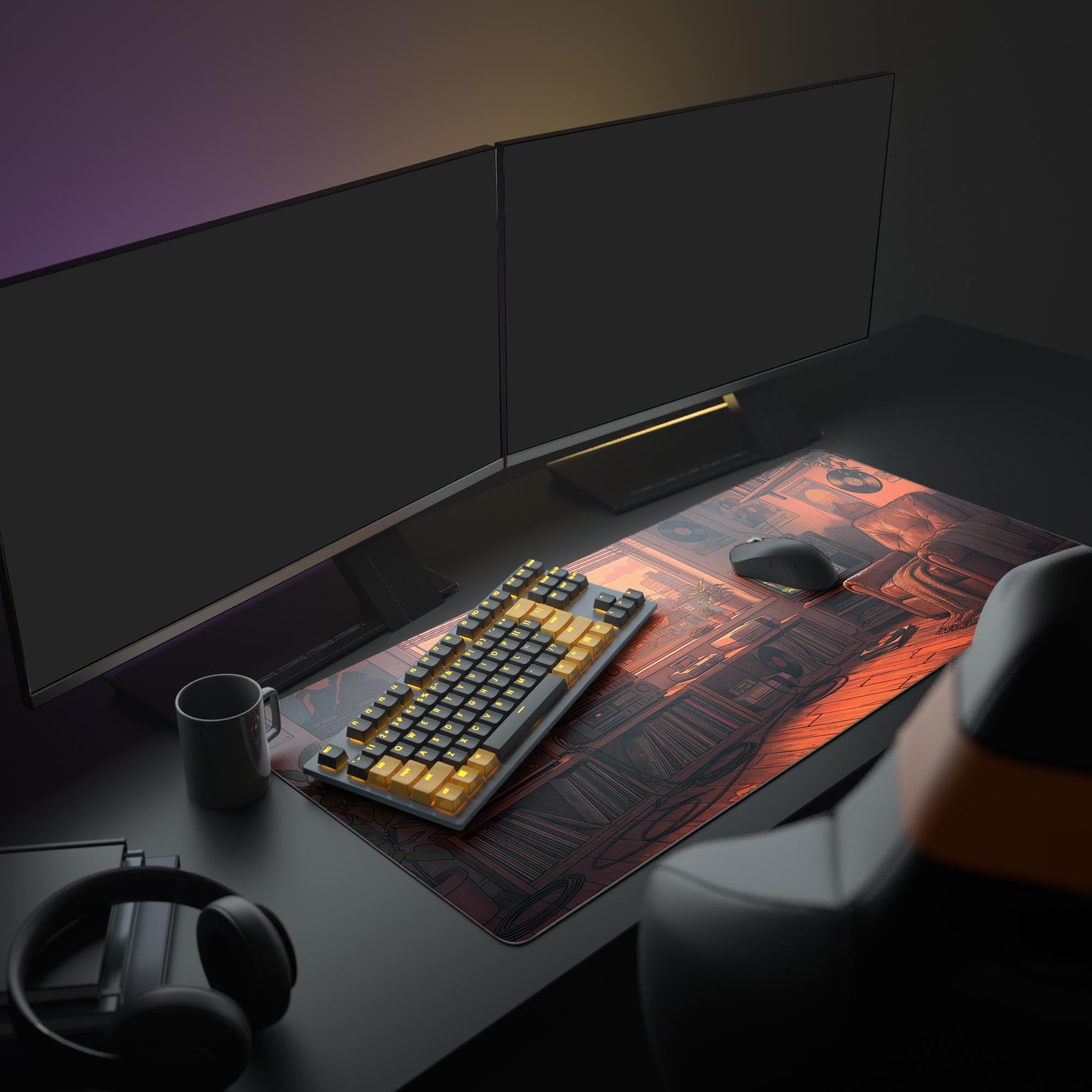 Large Retro Sunset gaming desk mat shown in a cozy desk setup with a monitor, headphones, and vintage accessories. - Epic Design Pads & Mousepads