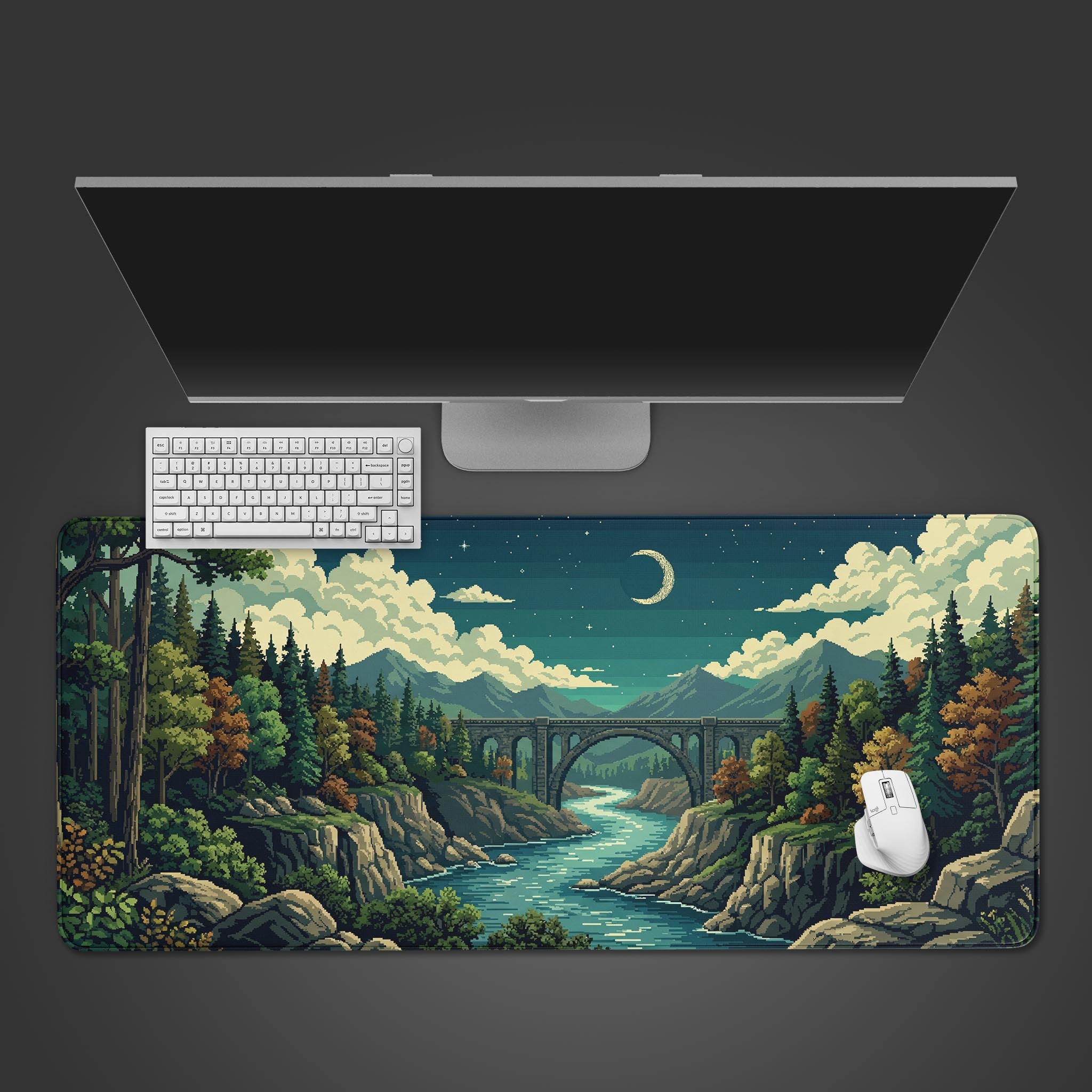 Top-down view of the Retro Voyage pixel art gaming desk mat, shown with a white mechanical keyboard, a white mouse, and a sleek monitor on a dark surface. - Epic Design Pads & Mousepads