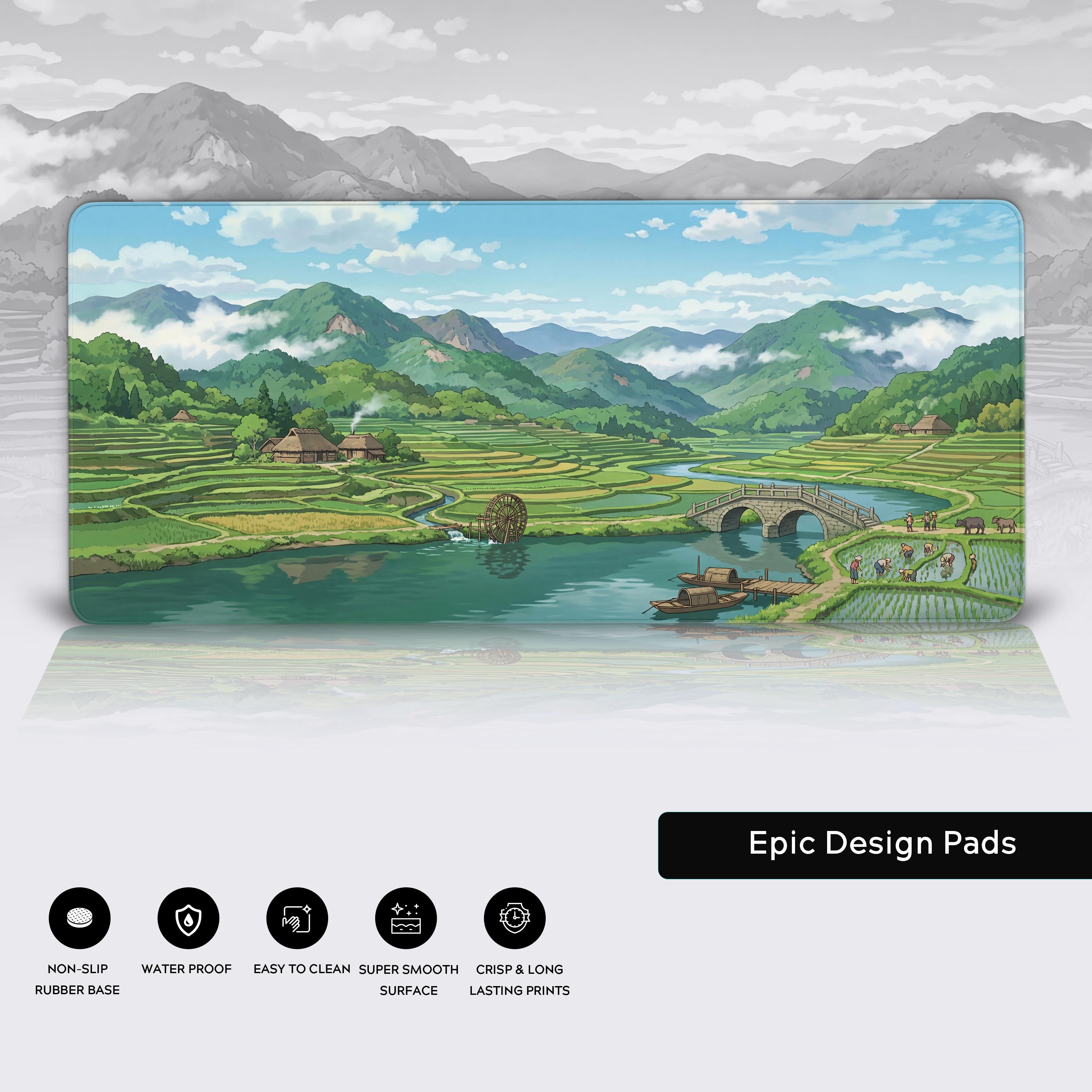 Epic Design Pads desk mat showcasing its waterproof, non-slip, and easy-to-clean features alongside a beautiful landscape.