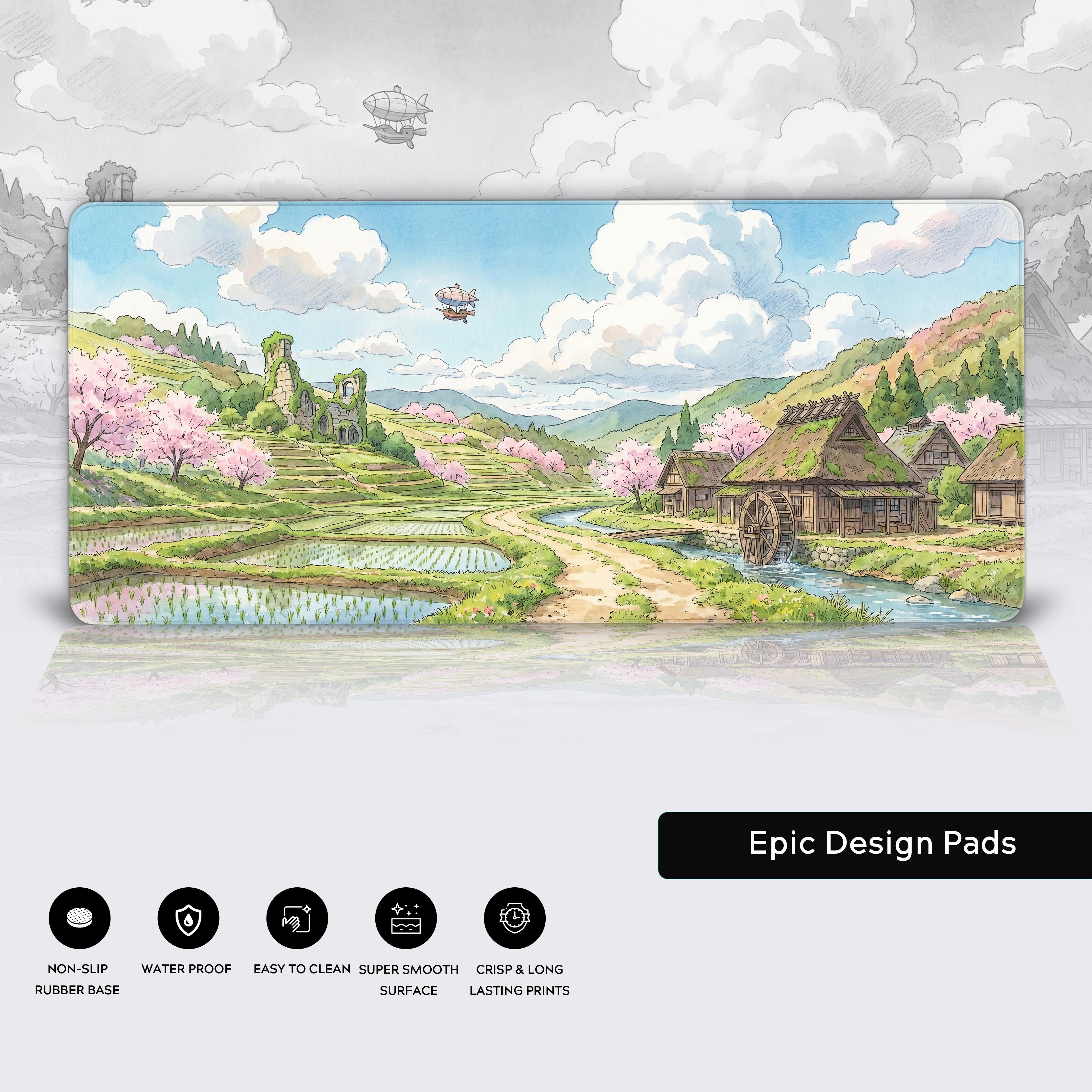 Product features of the extra large desk mat showing icons for non-slip rubber base, waterproof, easy to clean, smooth surface, and crisp prints.