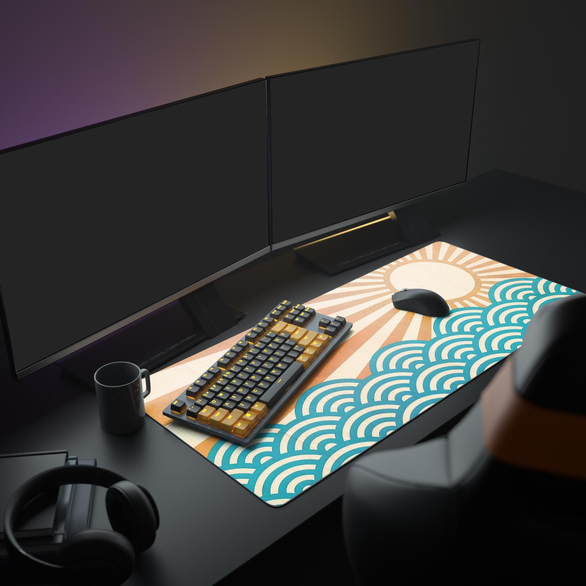 Large Japanese desk mat with Rising Sun art. Shown in an aesthetic desk setup with dual monitors, headphones, and a mechanical keyboard. - Epic Design Pads & Mousepads