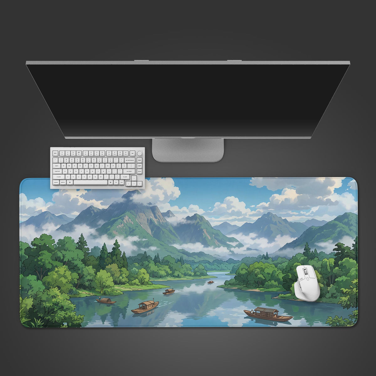 Desk mat displaying a vibrant anime-style river valley with mountains, trees, and small boats.