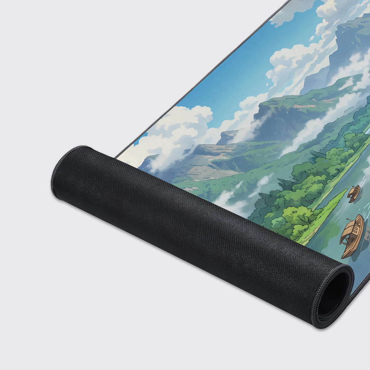 Landscape desk mat design featuring lush green forests and traditional wooden riverboats.