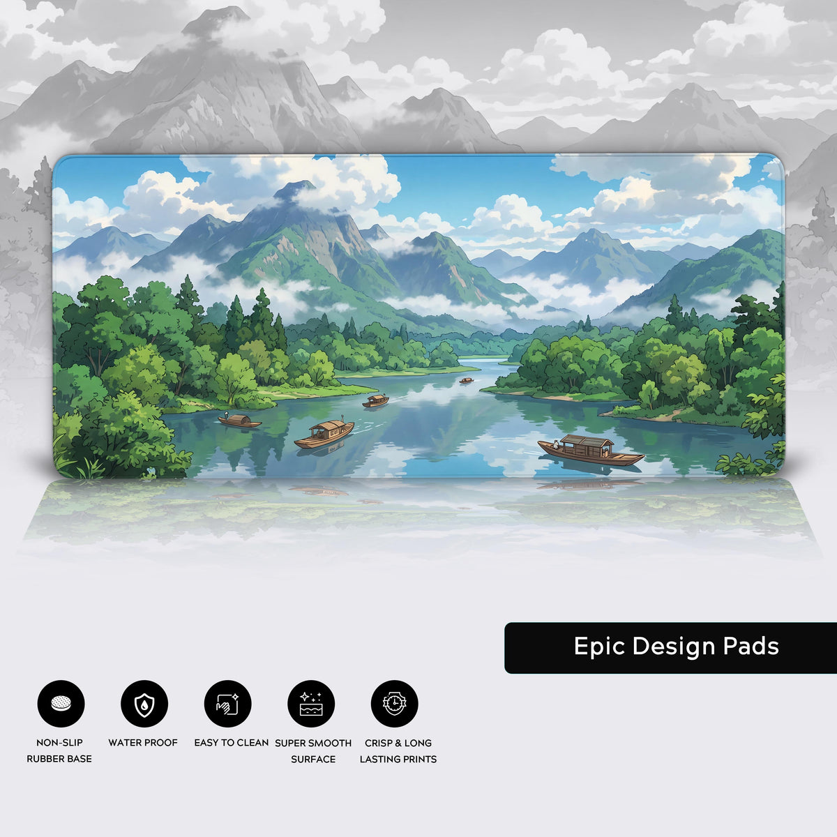 Product view of a landscape desk mat hovering above a reflective surface with feature icons underneath.