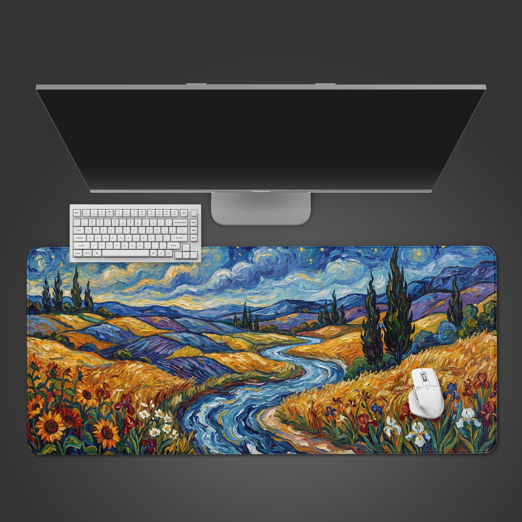 A vivid Impressionist style desk mat featuring a winding blue river, golden fields, and swirling skies.