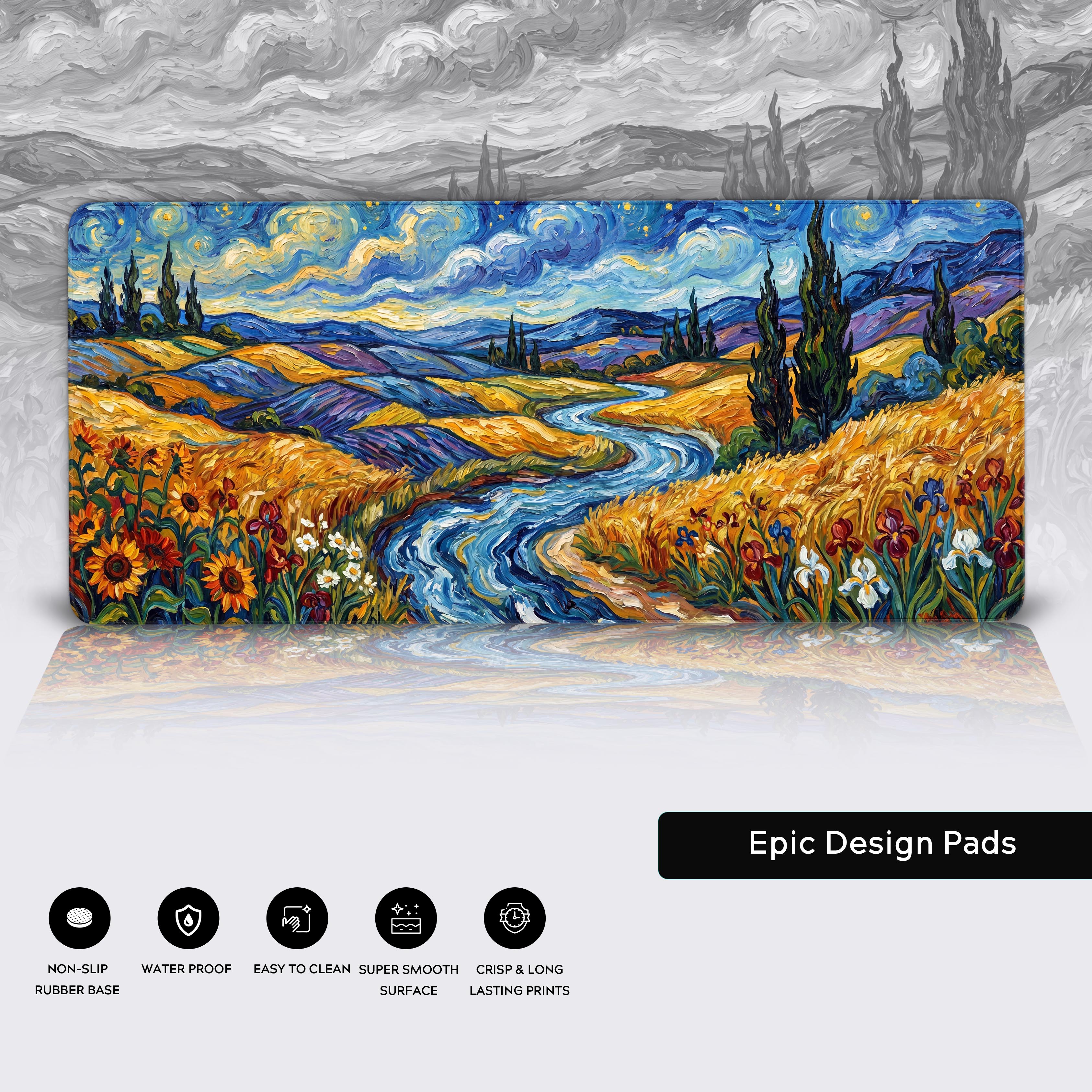 A full top-down view of the Impressionist Valley XL desk mat showing its dynamic painted countryside aesthetic.