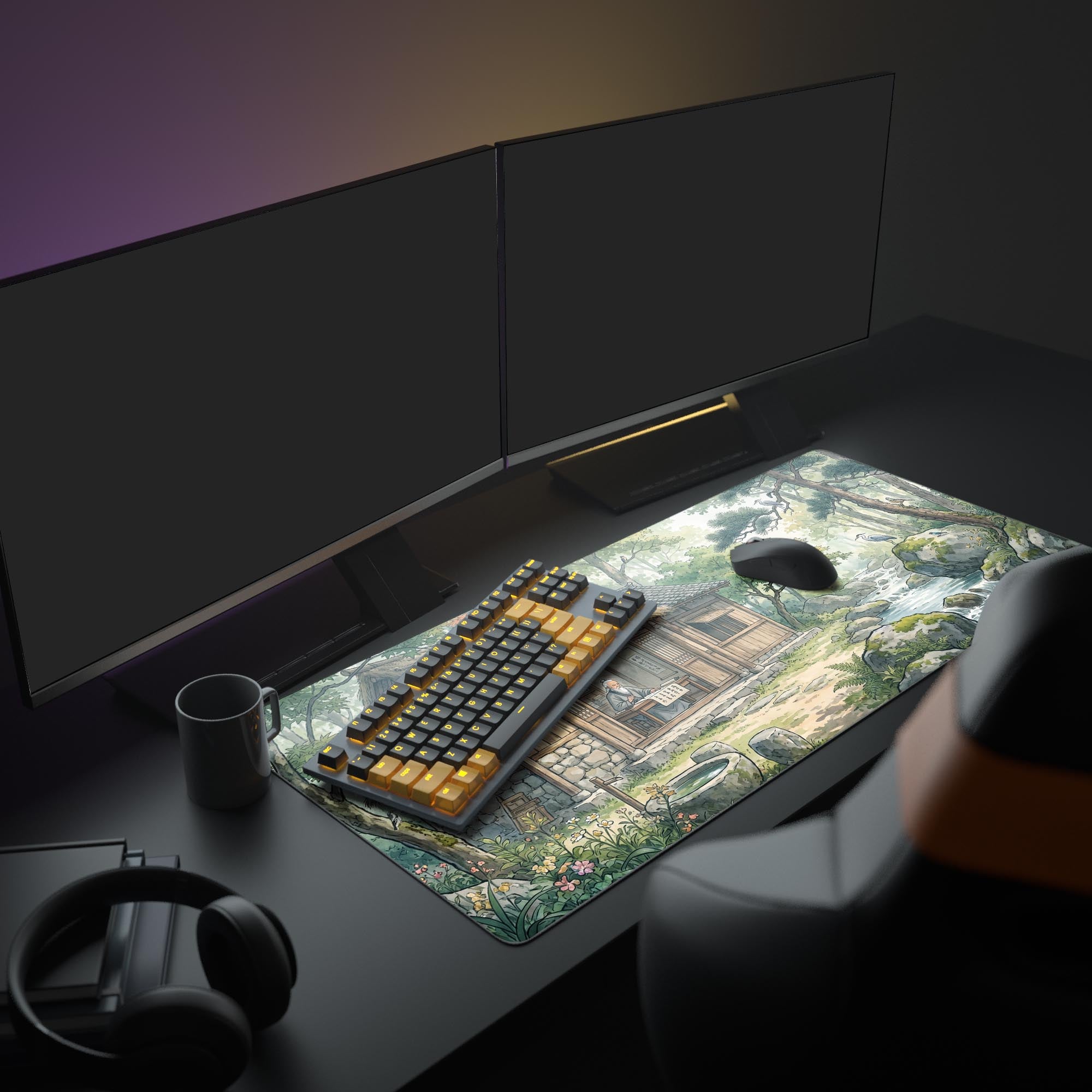 Close-up of the serene river, stones, and resting crane birds on the traditional art mouse pad