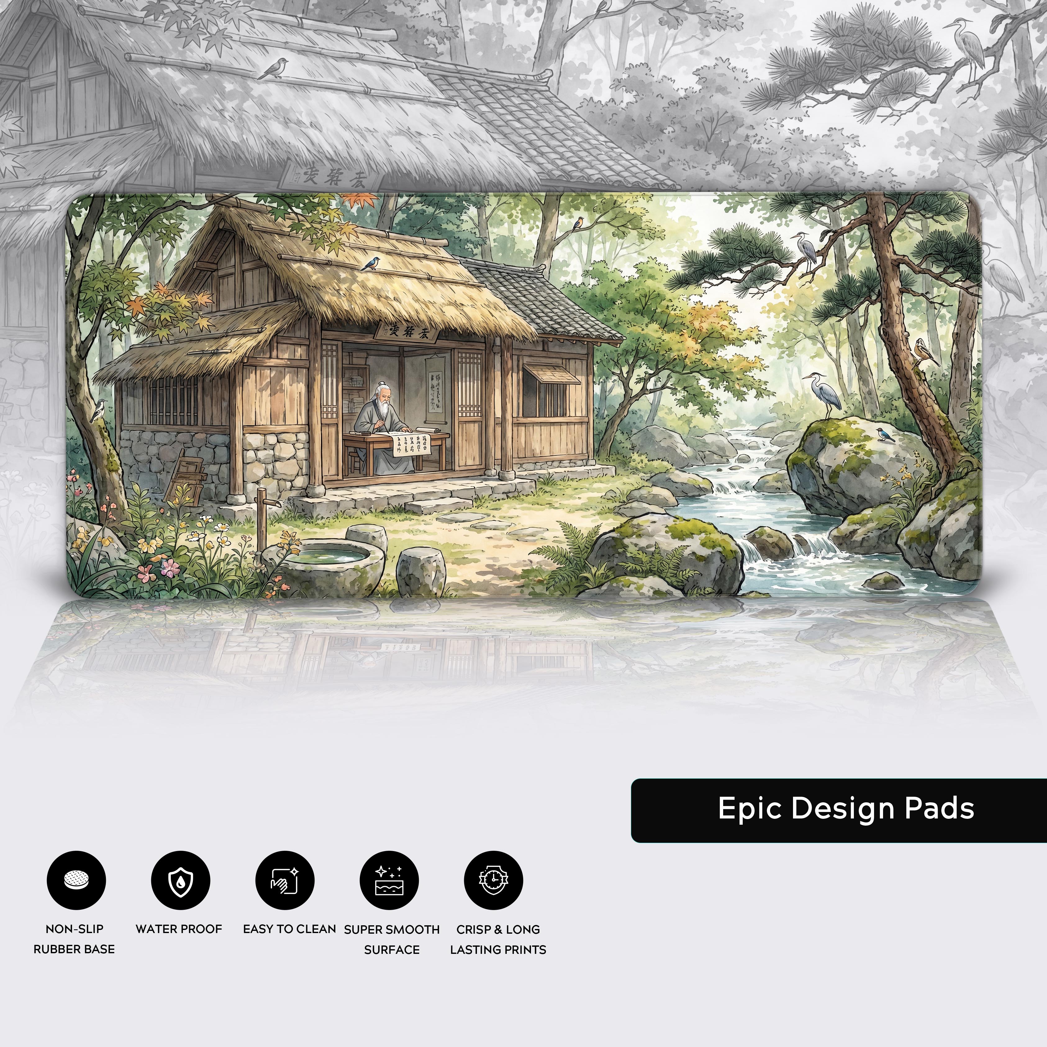 Epic Design Pads feature icons showcasing non-slip, waterproof, easy to clean, and crisp printing attributes