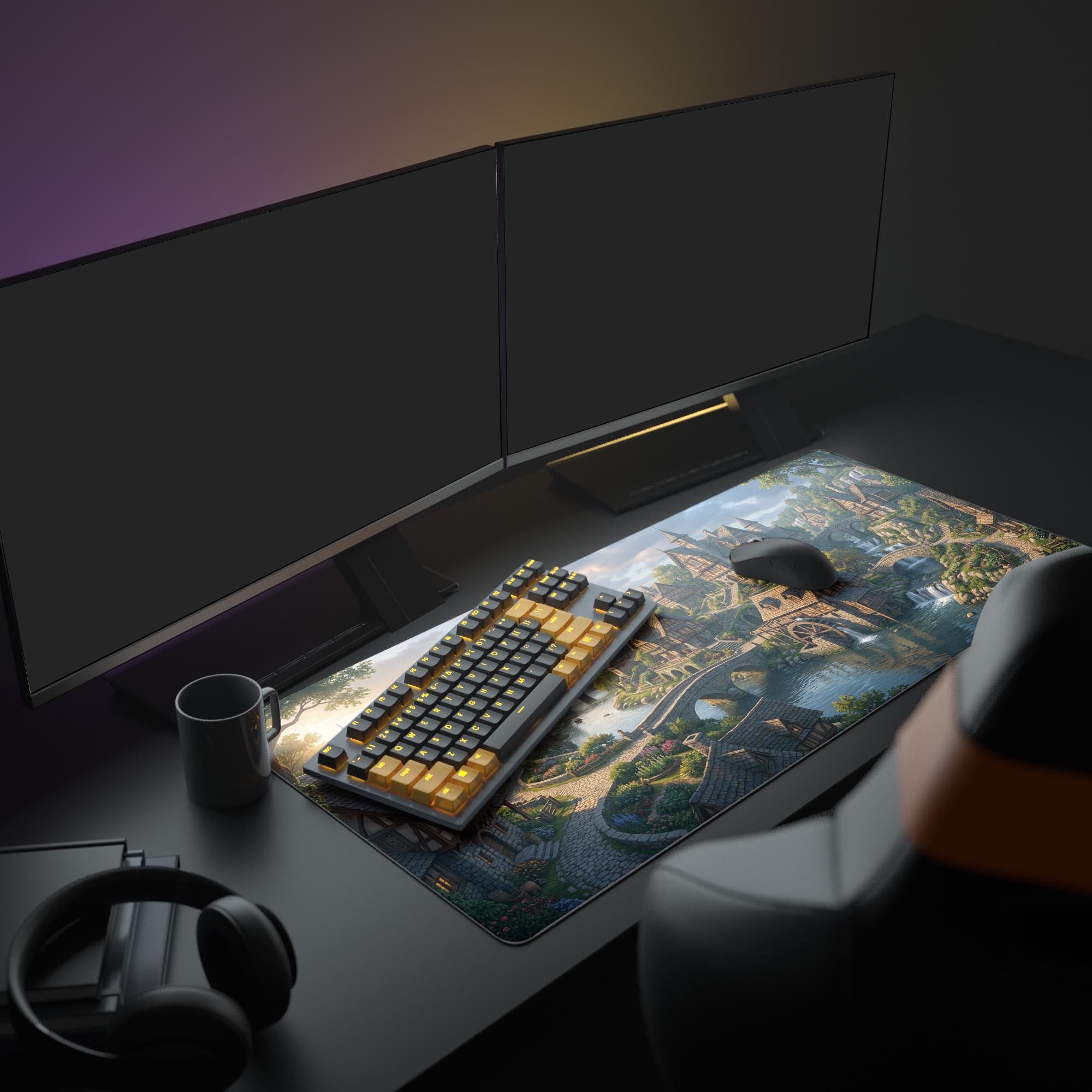 A full gaming setup featuring the Riverside Merchant mouse pad. The fantasy village design complements multiple monitors, an illuminated keyboard, and a white mouse for a cozy aesthetic. - Epic Design Pads & Mousepads