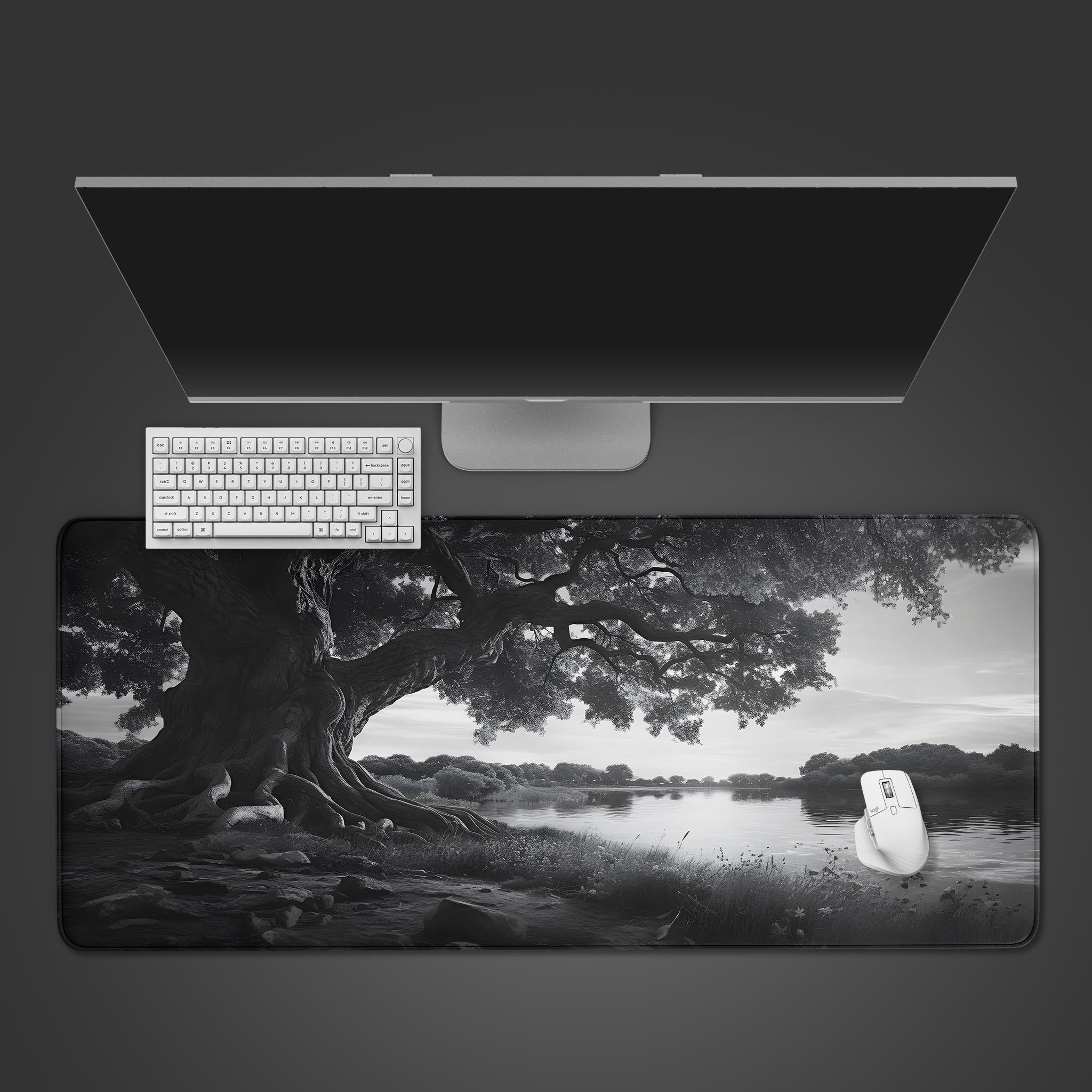 Riverside Large Desk Mat, Big old tree large desk pad, Black and white beautiful scene large gaming mouse pad, best design mouse pad