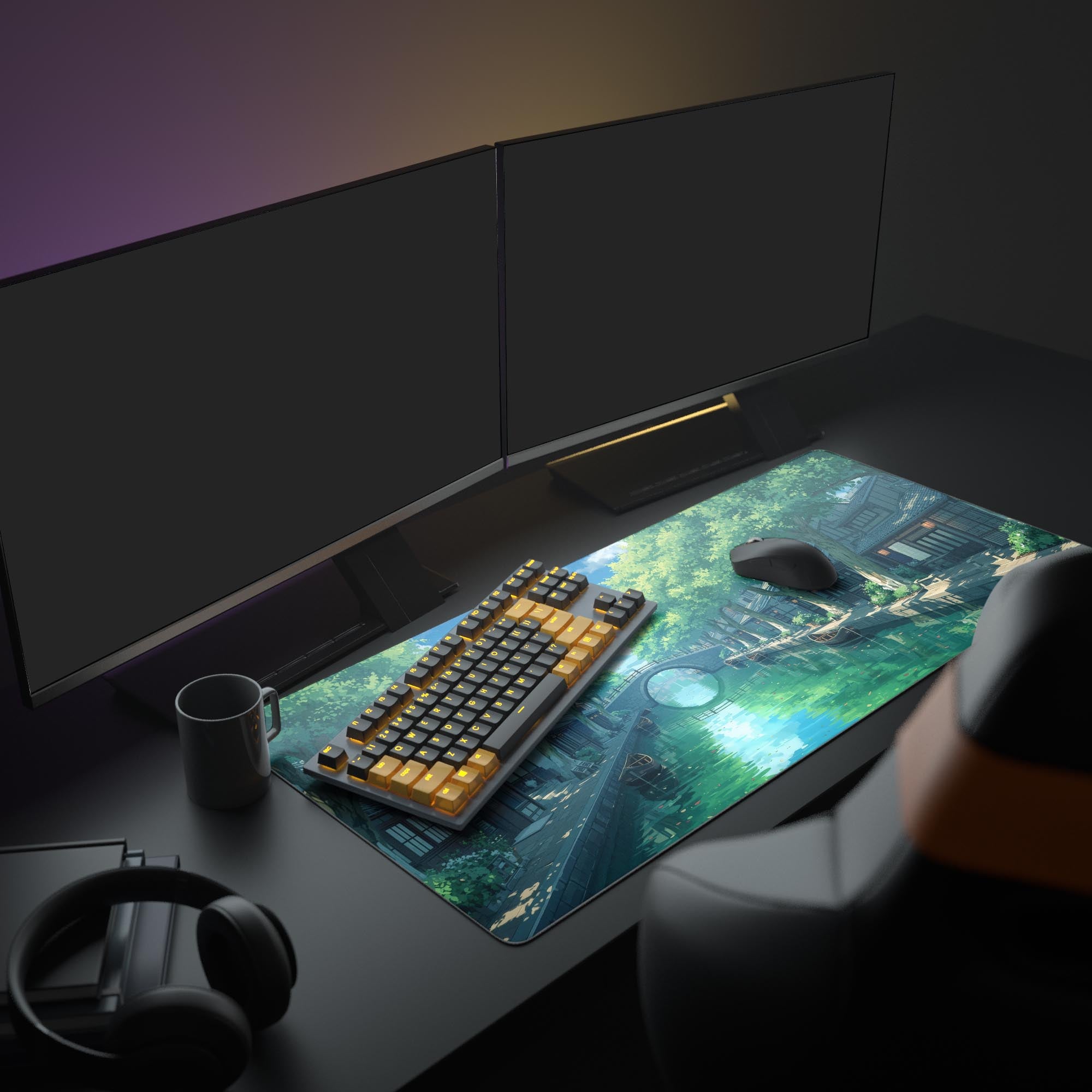 Large Riverside Village desk mat displayed in a cozy gaming setup with dual monitors, a mechanical keyboard, and headphones.