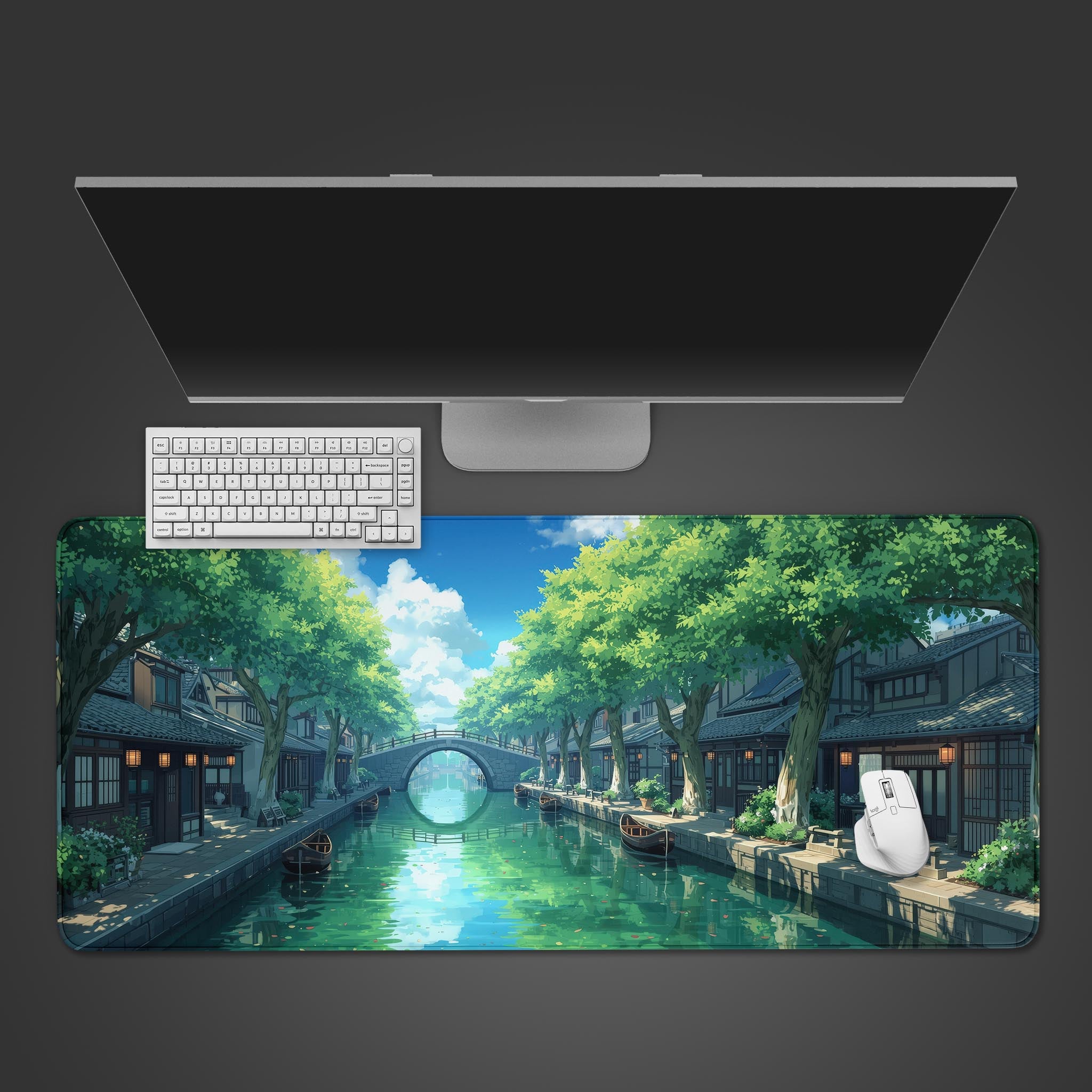 Oni Drift gaming desk mat featuring a drifting white AE86 with Fujiwara Tofu Shop livery pursued by a fiery blue Japanese demon in Ukiyo-e style - Epic Design Pads & Mousepads