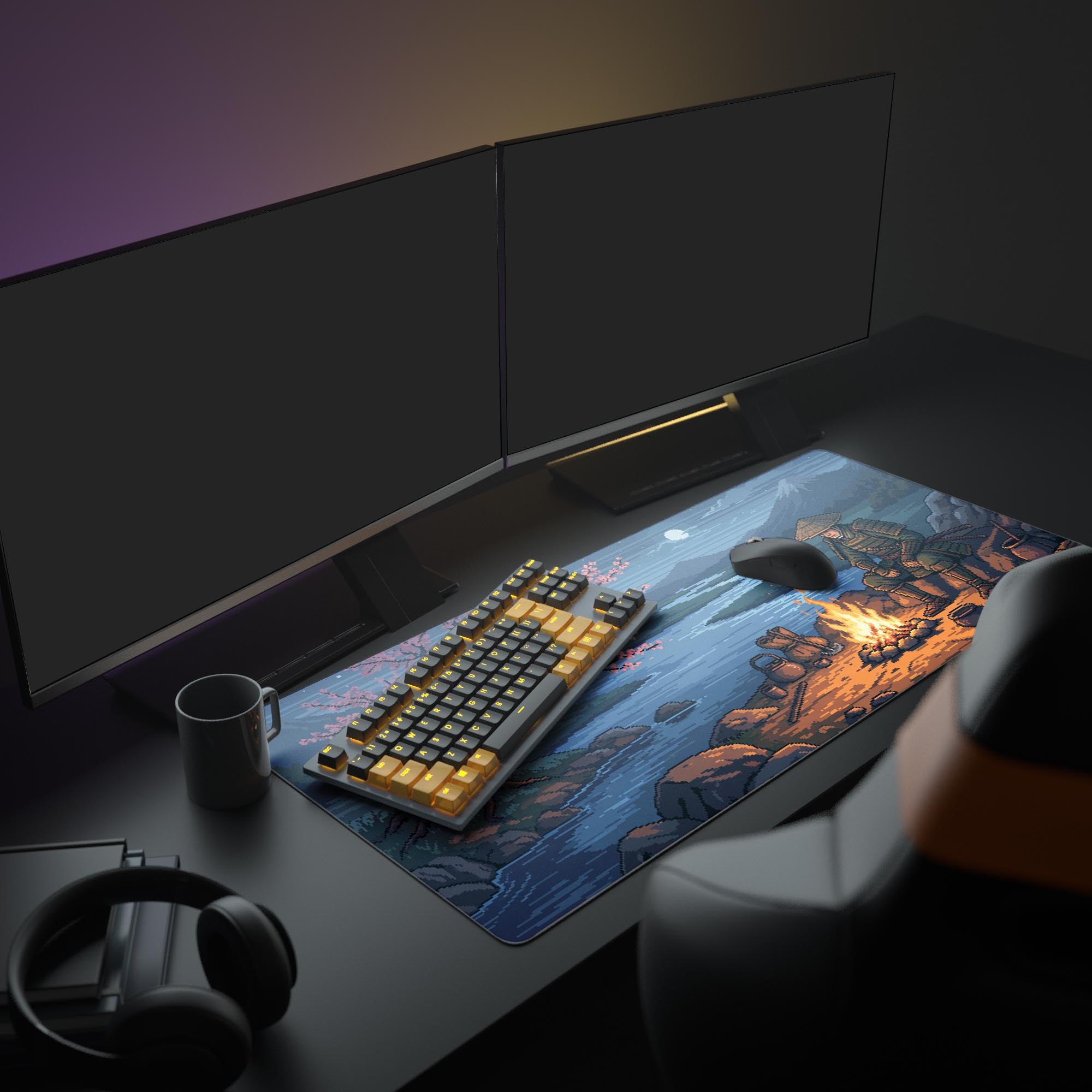 A full PC gaming setup featuring the Ronin's Respite XL mouse pad, showcasing the samurai campfire design beneath a large monitor and keyboard. - Epic Design Pads & Mousepads