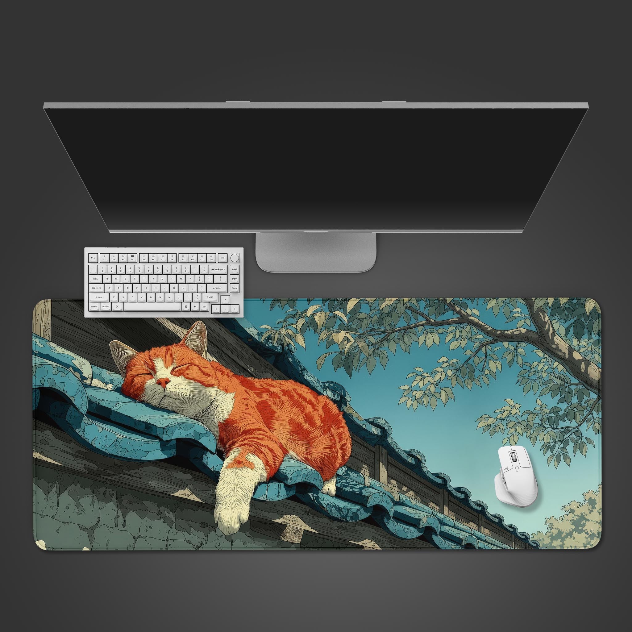 Oni Drift gaming desk mat featuring a drifting white AE86 with Fujiwara Tofu Shop livery pursued by a fiery blue Japanese demon in Ukiyo-e style - Epic Design Pads & Mousepads