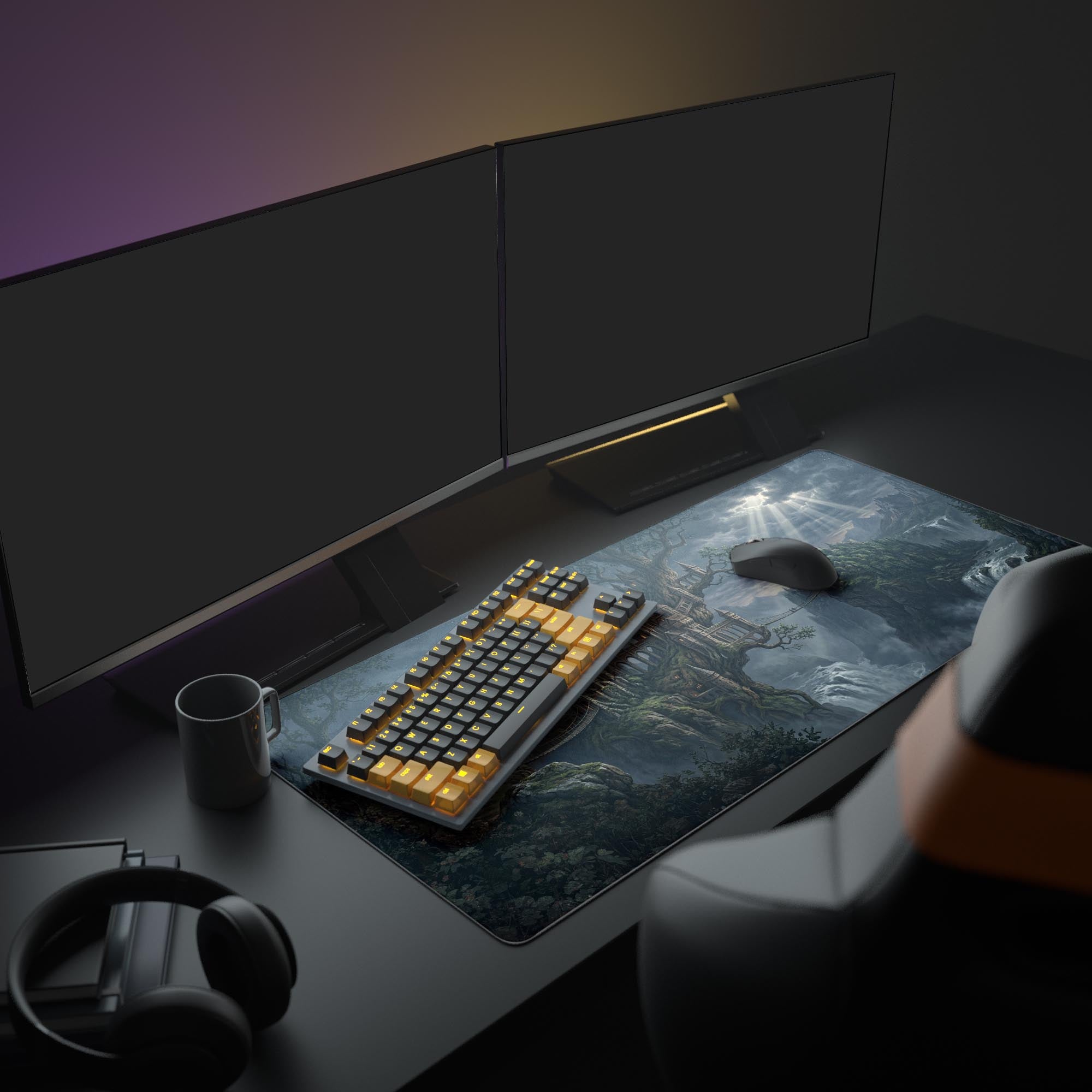 The Roots of Ruin dark fantasy desk mat displayed in a full gaming setup, anchoring the space beneath a large monitor. An epic castle mouse pad. - Epic Design Pads & Mousepads
