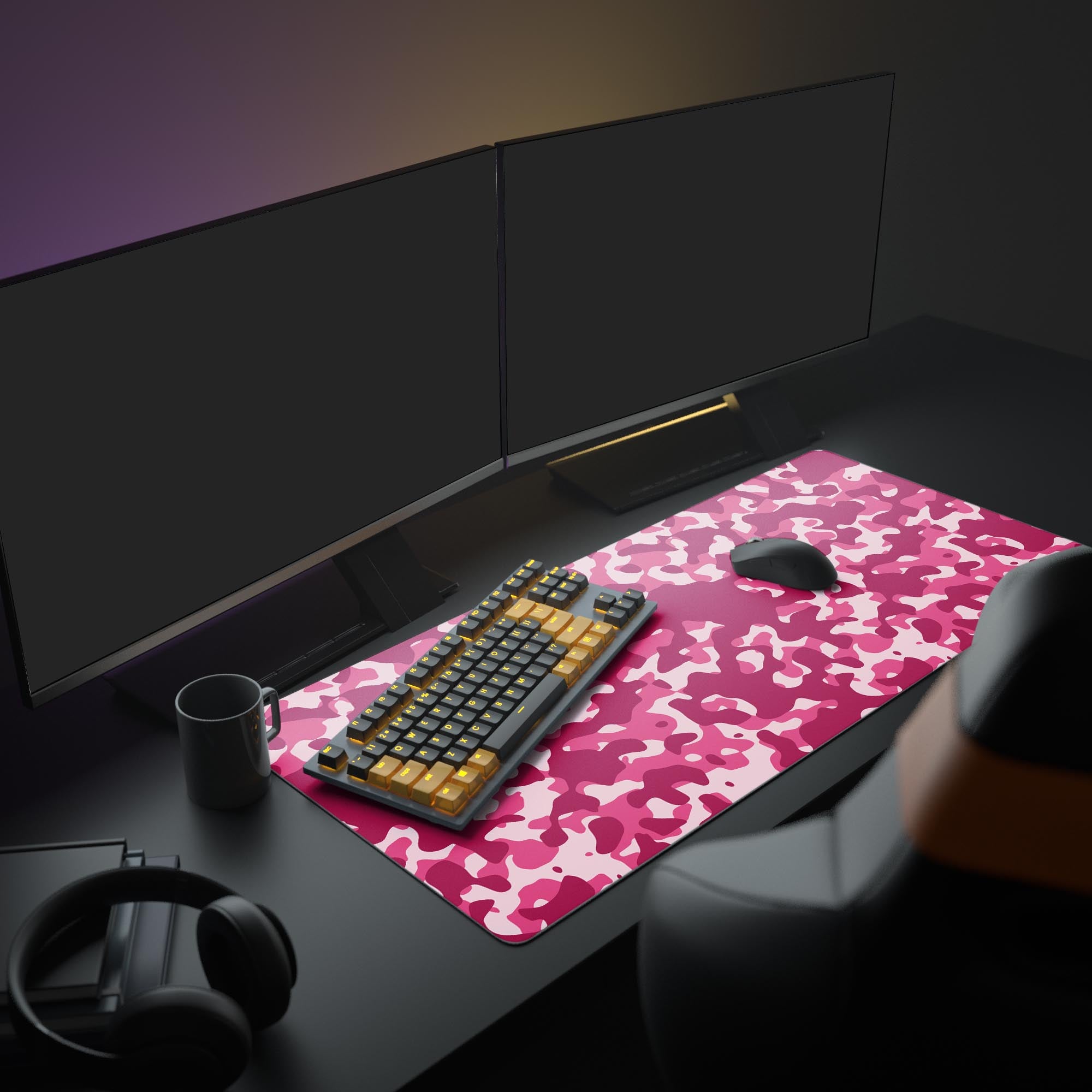 Large Rose Camo gaming desk mat shown in an aesthetic gamer girl setup with dual monitors and pink accessories. - Epic Design Pads