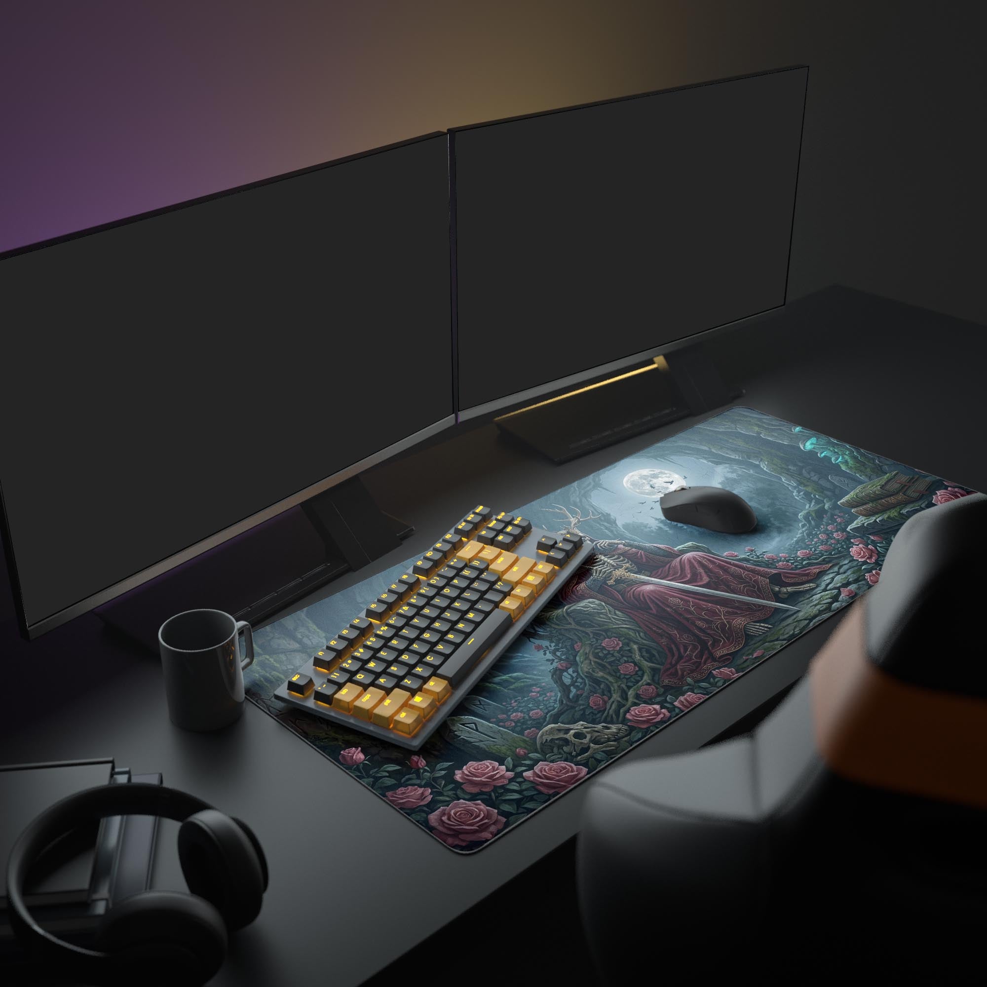 A full gaming PC setup featuring the Rose King Throne mouse pad, with dual monitors and an illuminated keyboard, creating a cohesive dark fantasy aesthetic. - Epic Design Pads & Mousepads