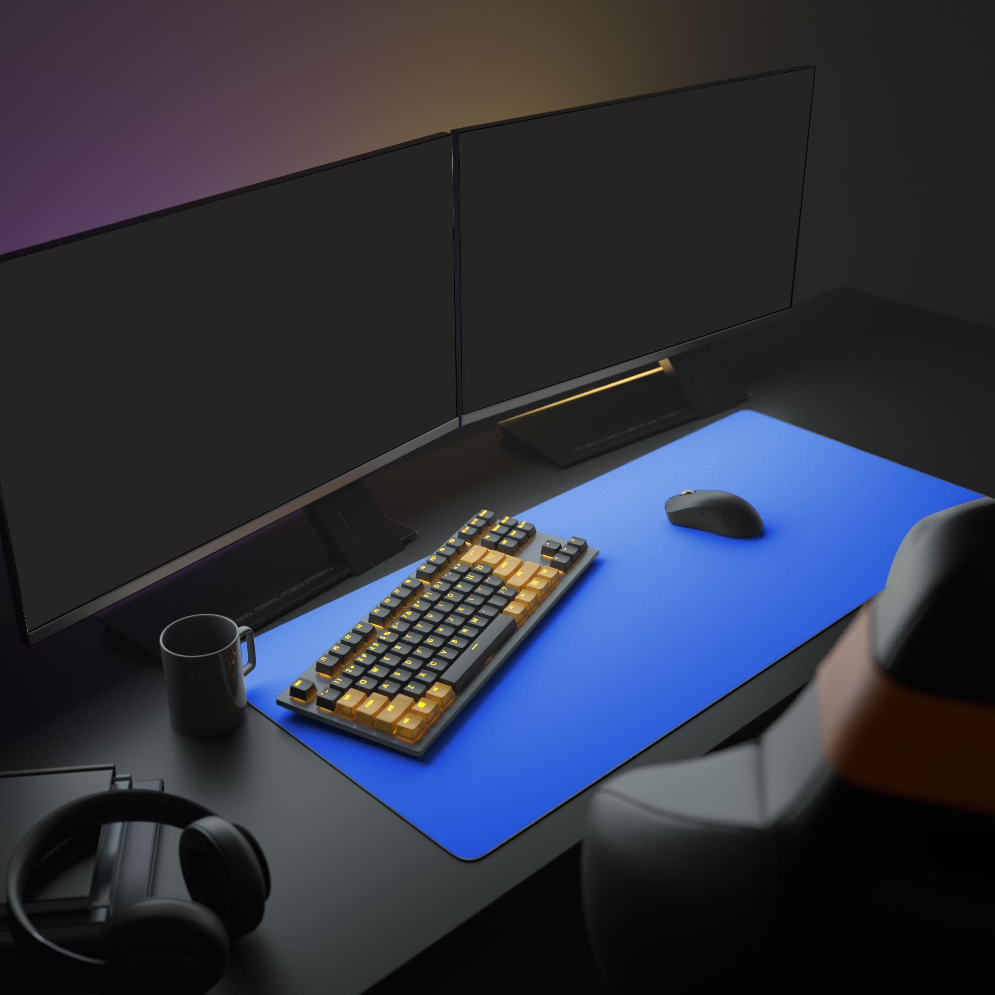 A modern PC setup featuring the large Royal Blue mouse pad, with a gaming monitor, glowing keyboard, and ergonomic mouse, creating a clean, focused aesthetic. - Epic Design Pads & Mousepads