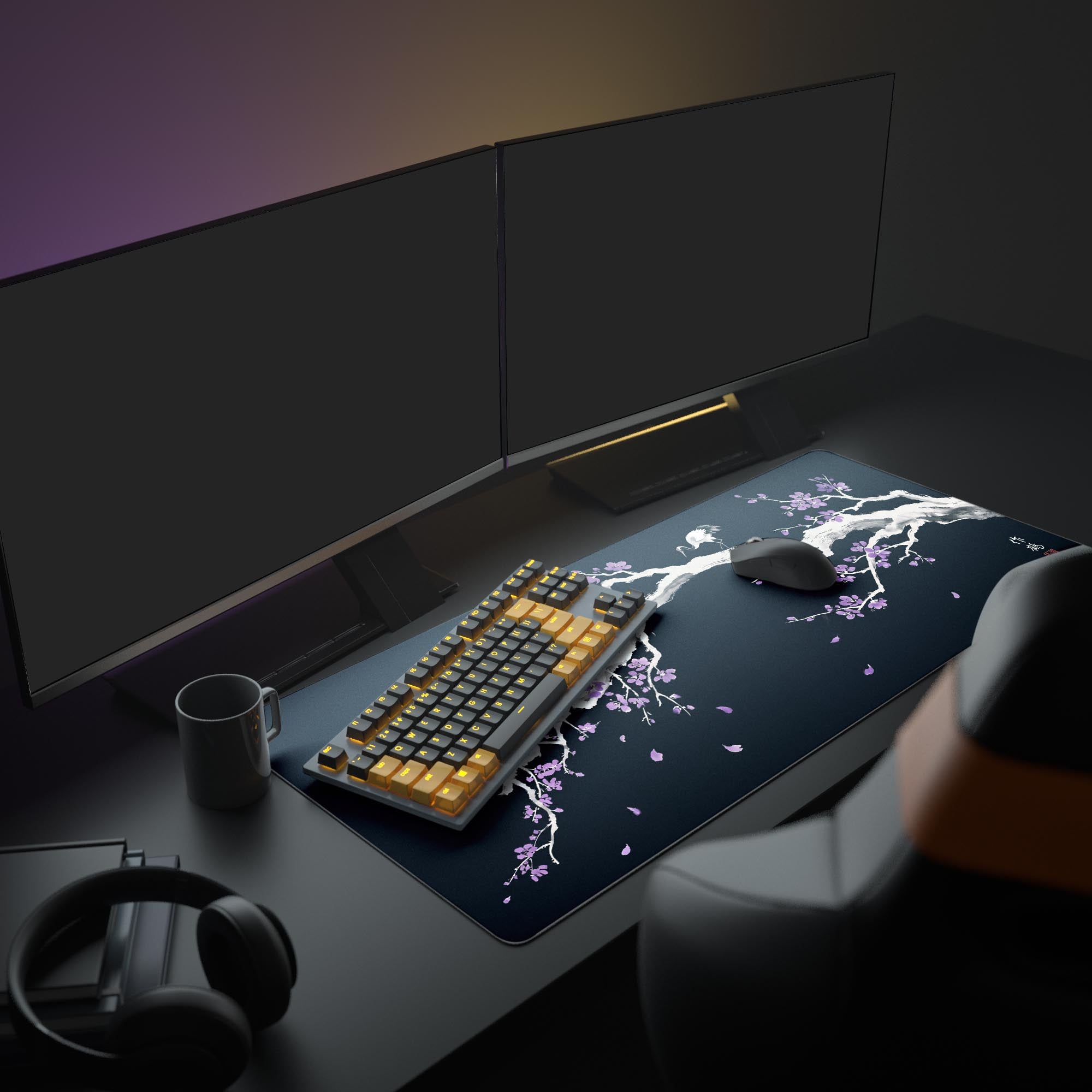 A complete computer setup featuring the Royal Sakura gaming desk mat, enhancing the aesthetic with its elegant Japanese crane and blossom design under a monitor. - Epic Design Pads & Mousepads