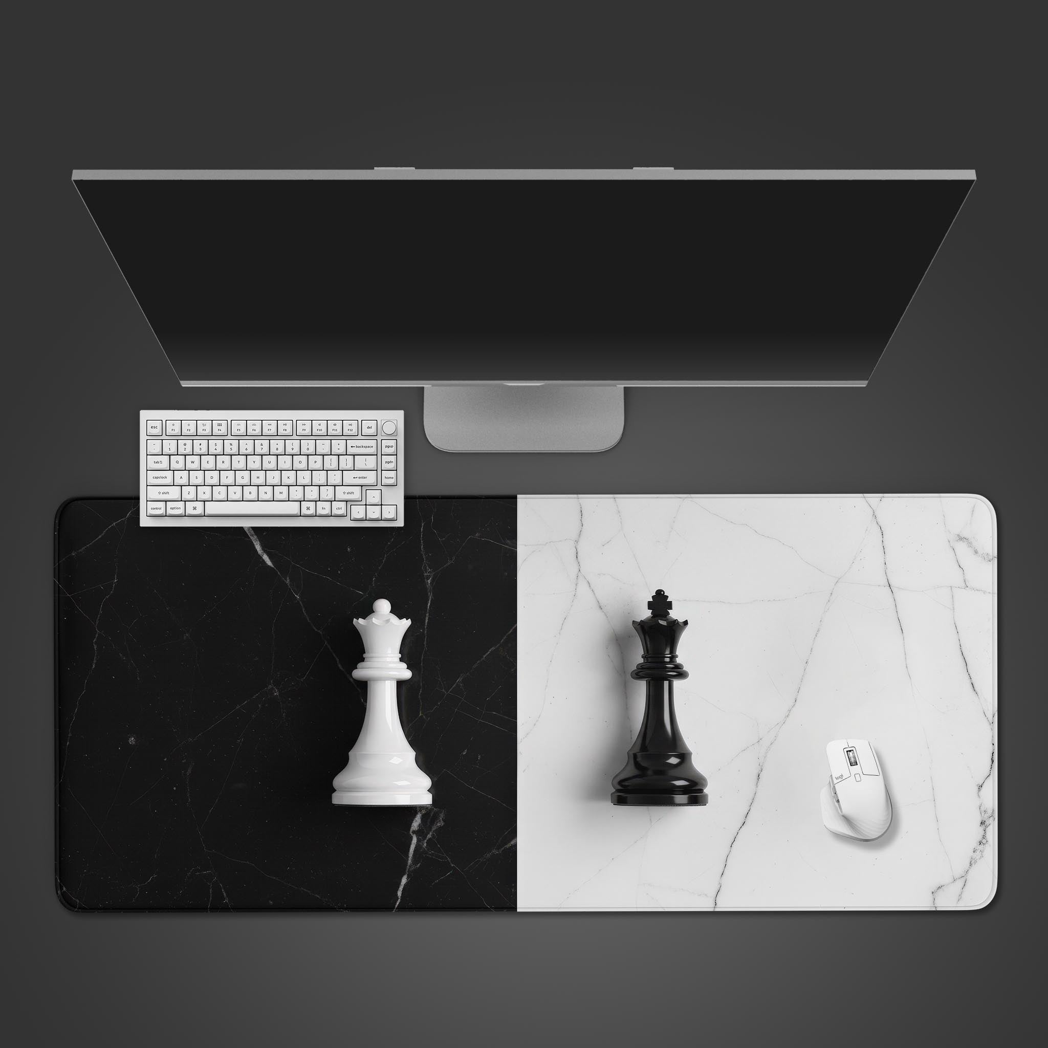 Royal Standoff chess desk mat with black and white marble design, shown from a top-down desktop view with a keyboard and mouse. - Epic Design Pads