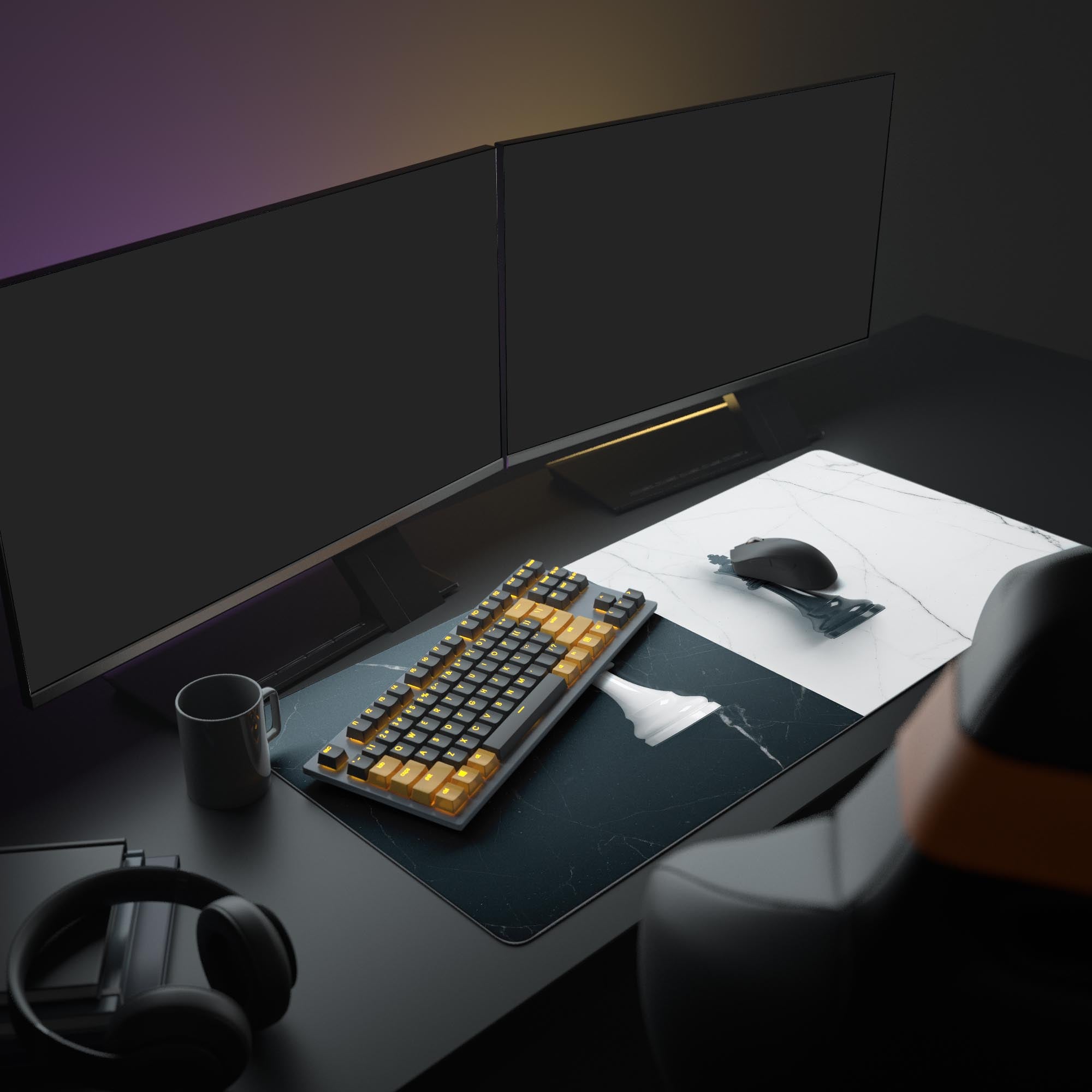 Large Royal Standoff gaming desk mat with chess theme in a full desk setup with dual monitors and a mechanical keyboard. - Epic Design Pads