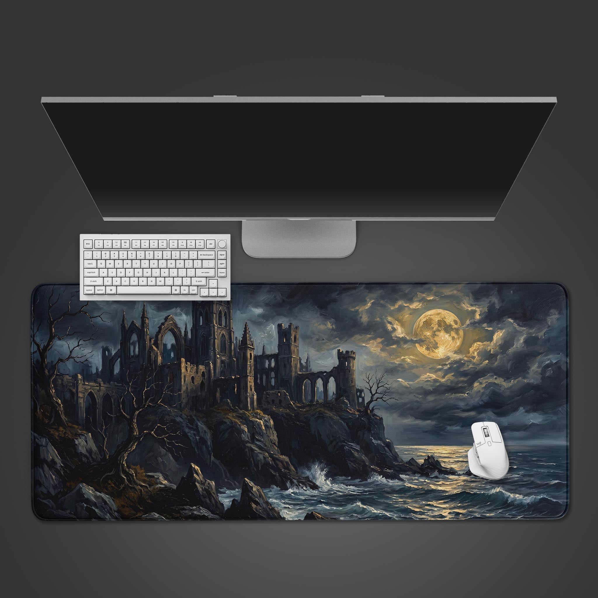 A dark fantasy desk mat featuring a haunted ruined castle on a cliff edge under a bright full moon.