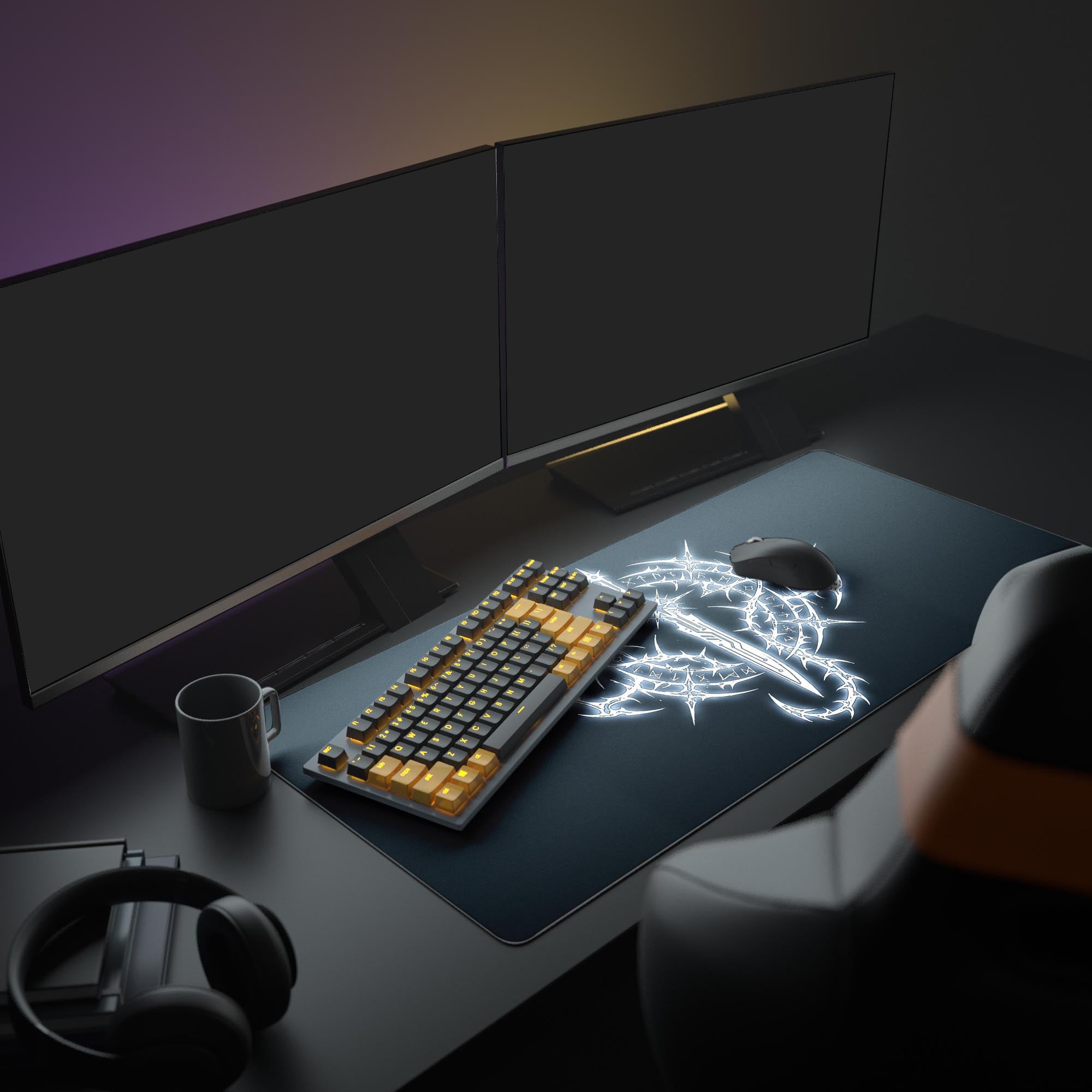 A complete gaming setup featuring the Rune Blade mouse pad as the centerpiece, with illuminated monitors and peripherals enhancing the dark fantasy theme. - Epic Design Pads & Mousepads