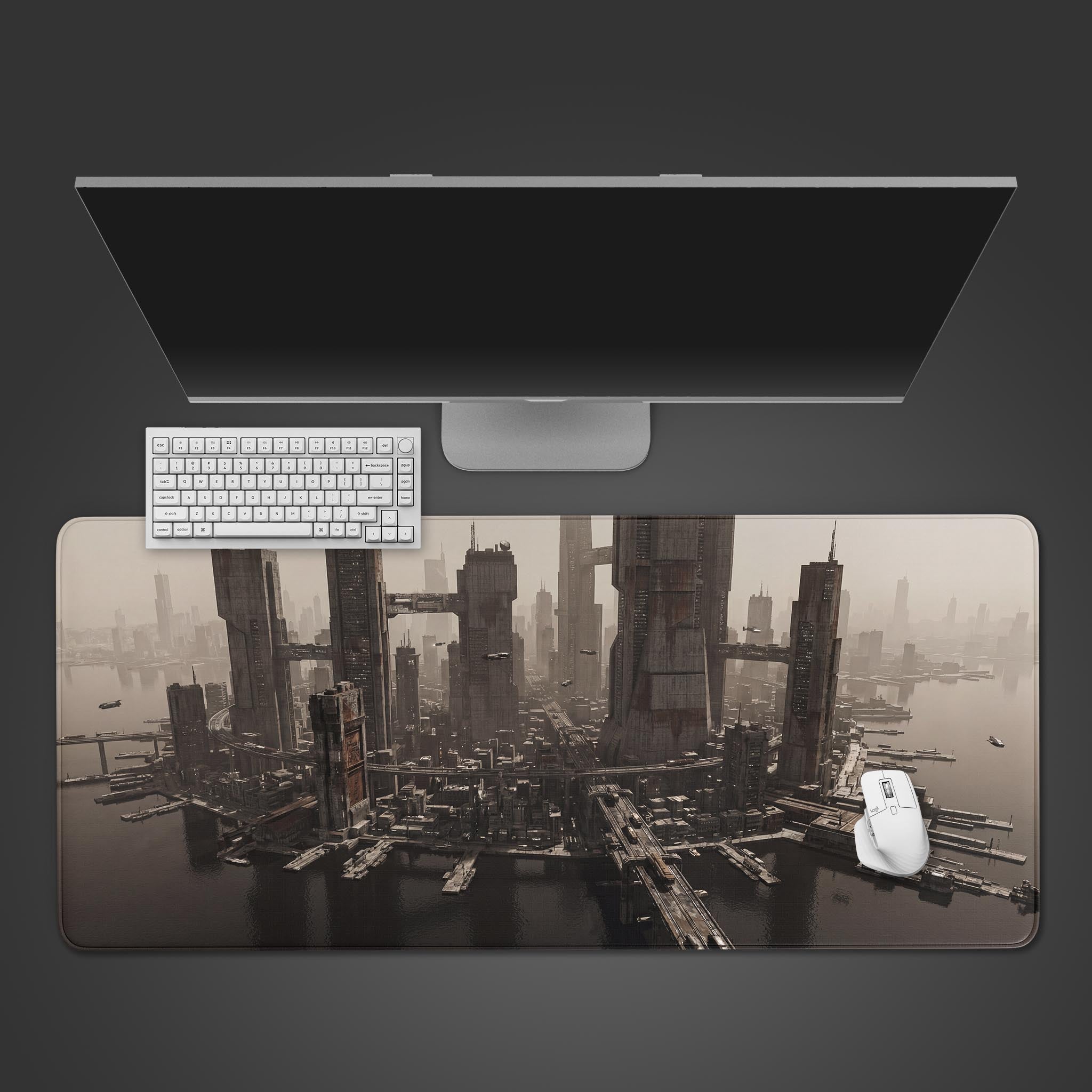 Top-down view of the Rust Metropolis desk mat, featuring its industrial cityscape design. A black keyboard and gaming mouse are centered on the surface. - Epic Design Pads & Mousepads